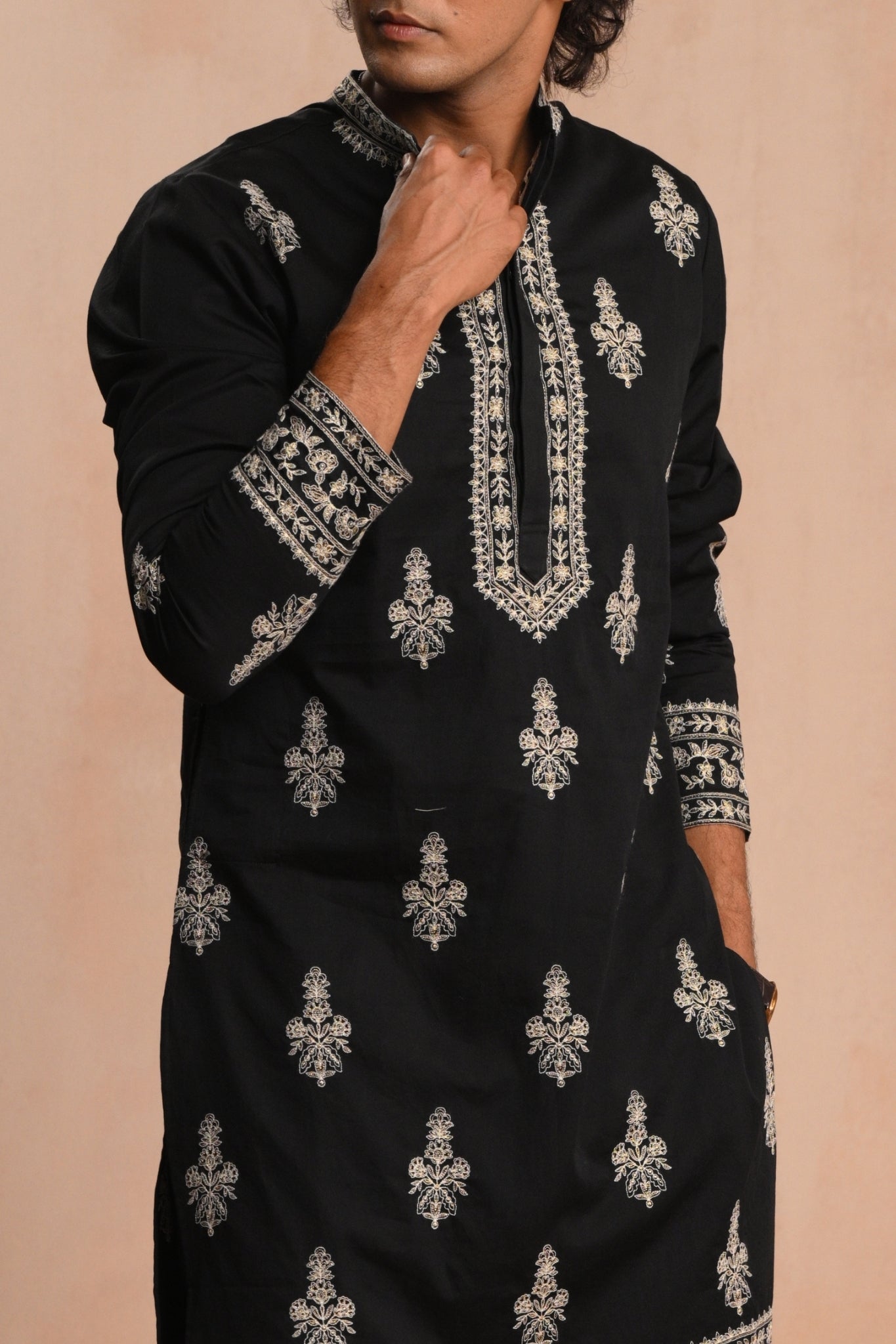Black Shehzaad Embroidered  Kurta Pajama Set