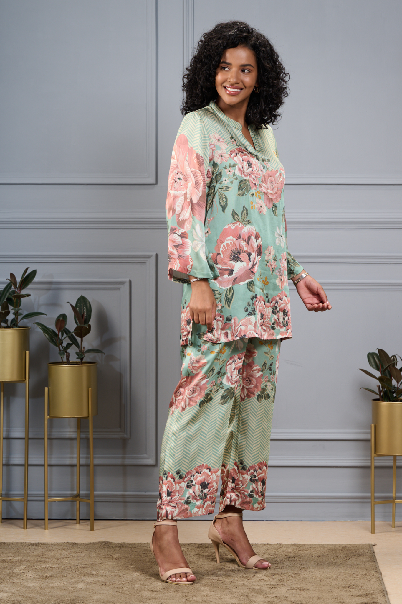 Taroob Silk Satin Bold Floral Co-ord Set With Embroidered Highlights