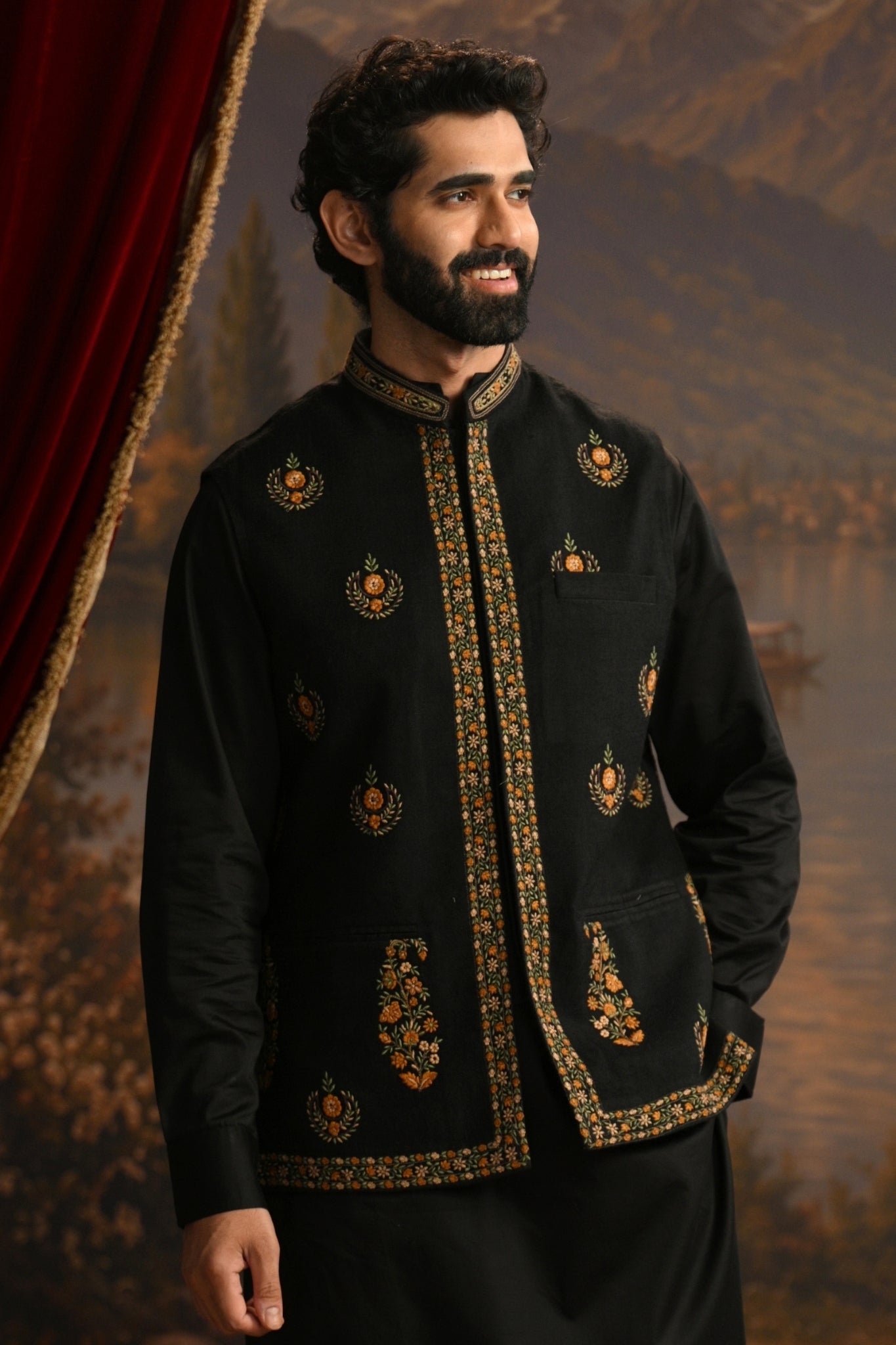 Black Mehrab Embroidered Nehru Jacket Taroob