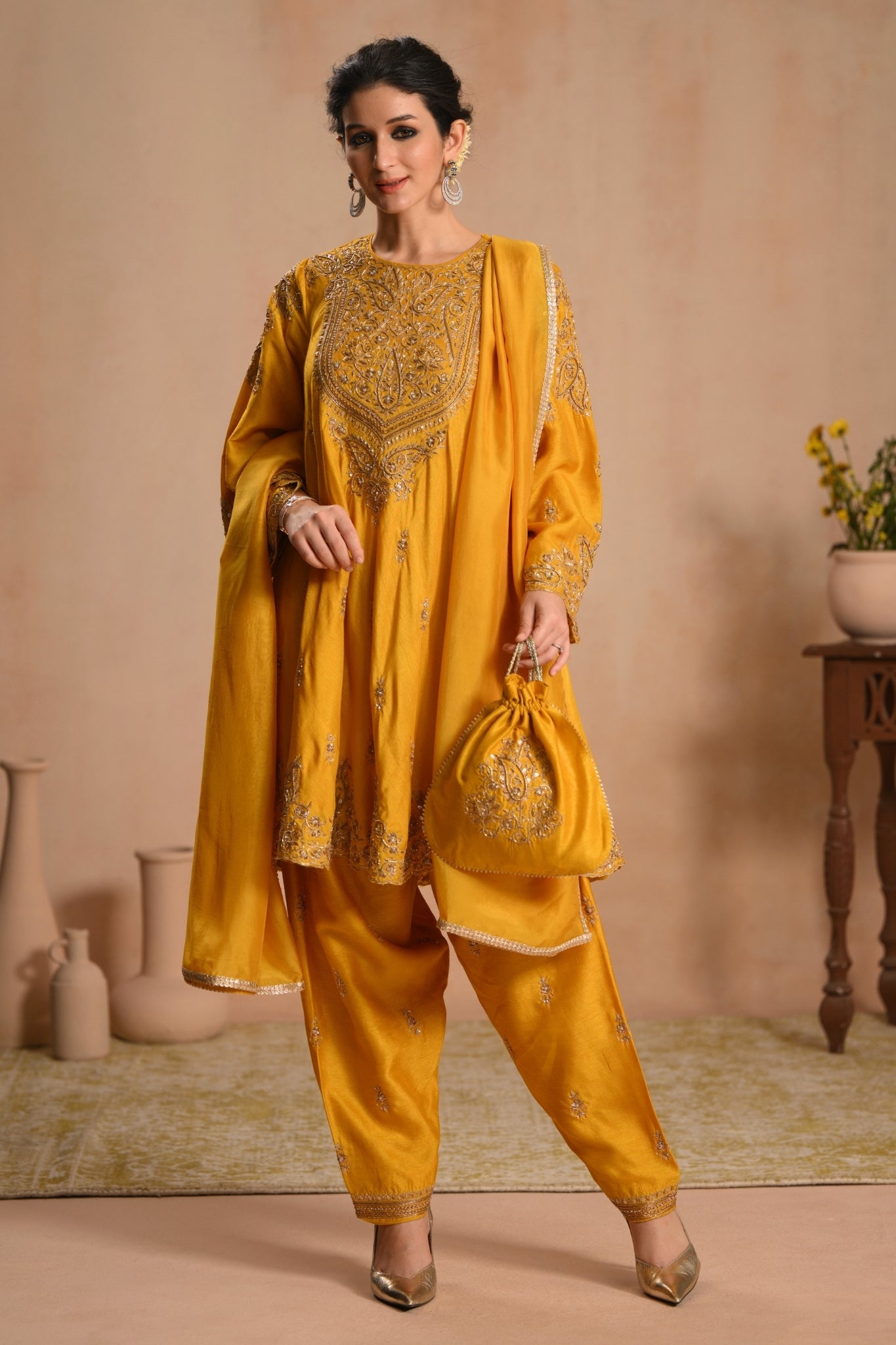Women's Mustard Zarqash Hand Embroidered Kalidar Kurta Set Taroob