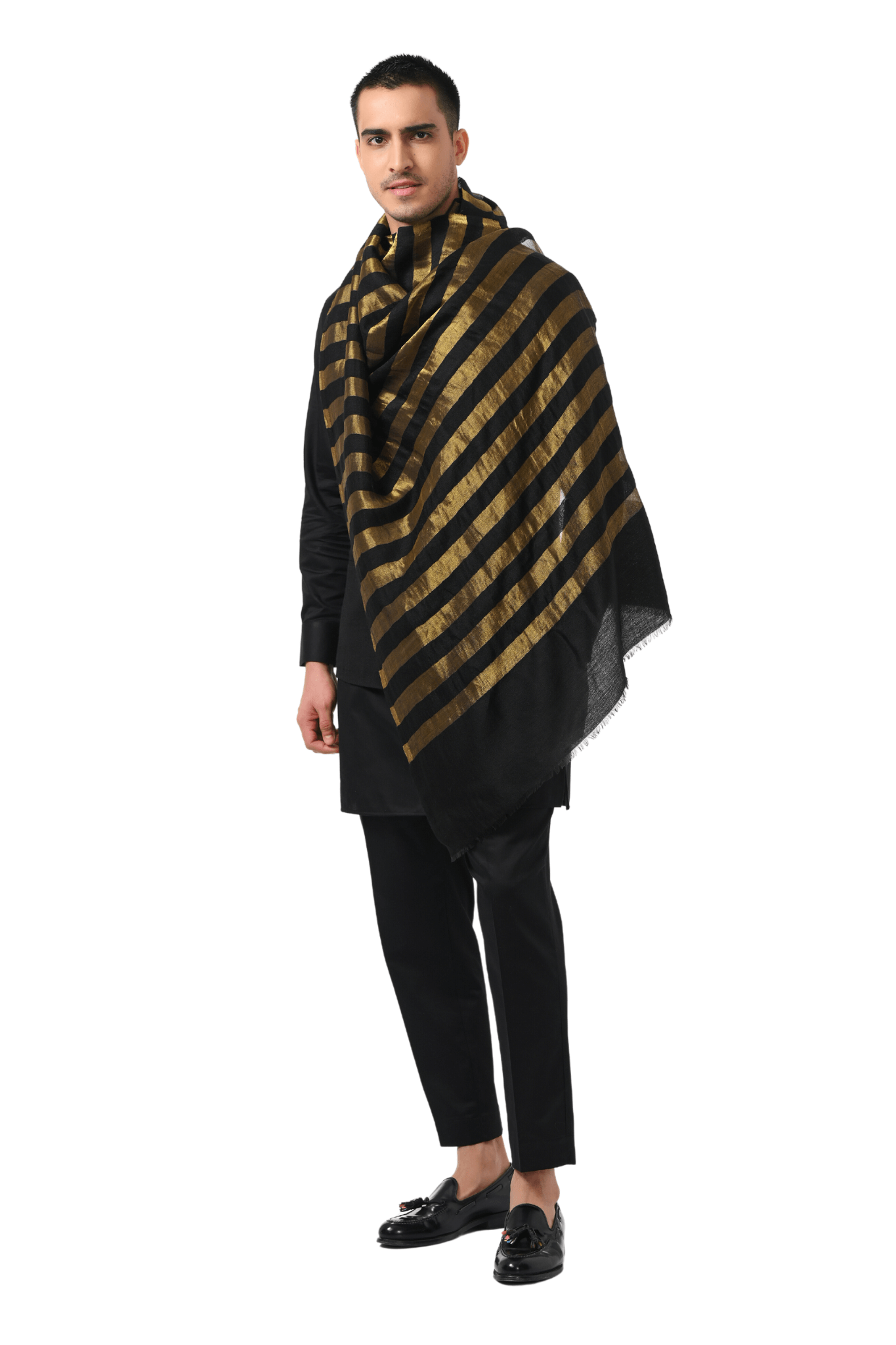 Black Men's Zari Wool Striper Stole, Men's Soft Scarf – Zari Stoles – Styling view | Taroob
