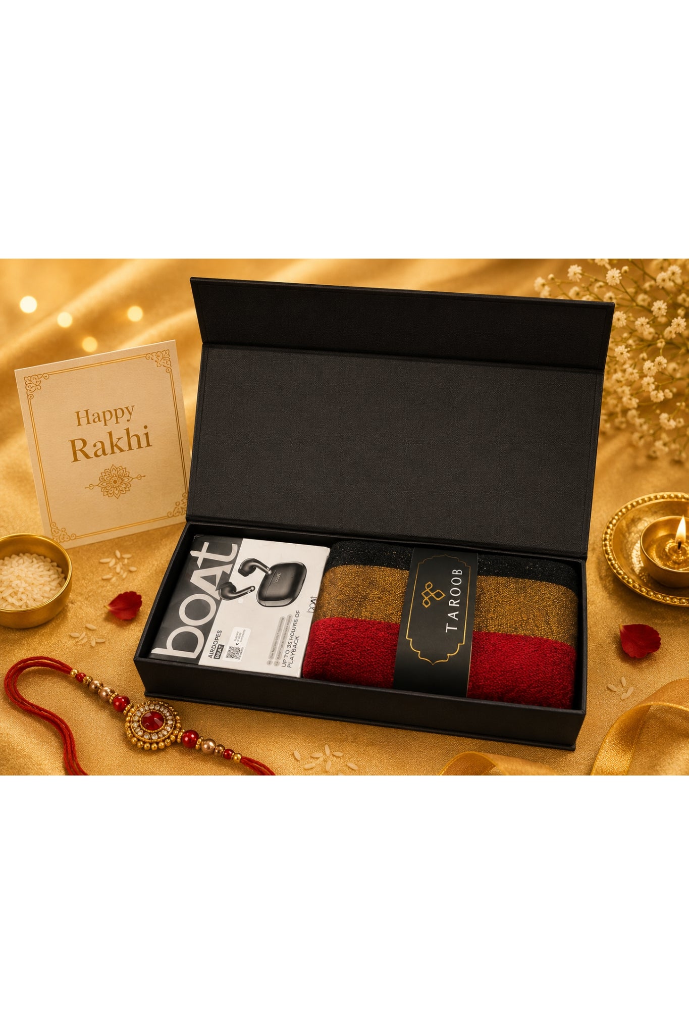 LIMITED EDITION Gift Set of Premium Taroob Wool Zari Stole & BOAT Airdopes