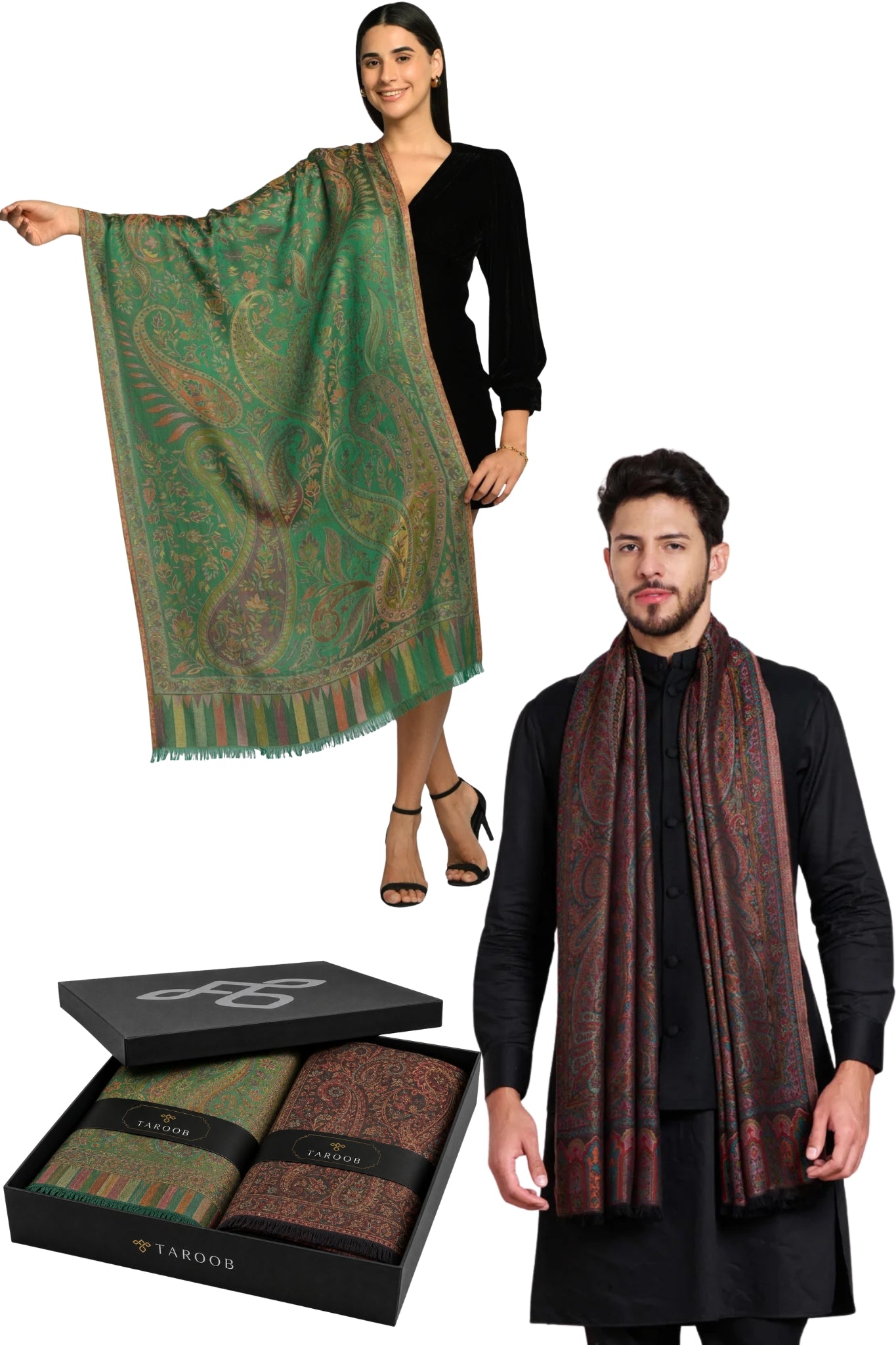 Taroob Couple Gift Set of Kashmiri Silk Jamawar Stoles for Him & Her