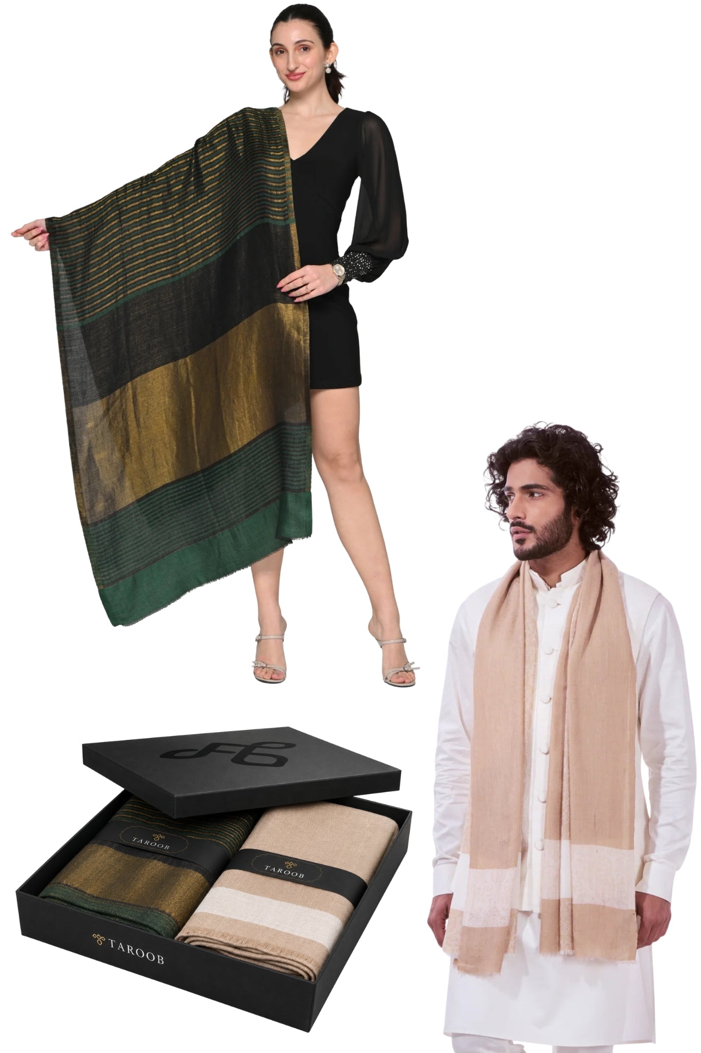 Taroob Gift Set of Wool Zari Stole & Silk Jamawar Stole