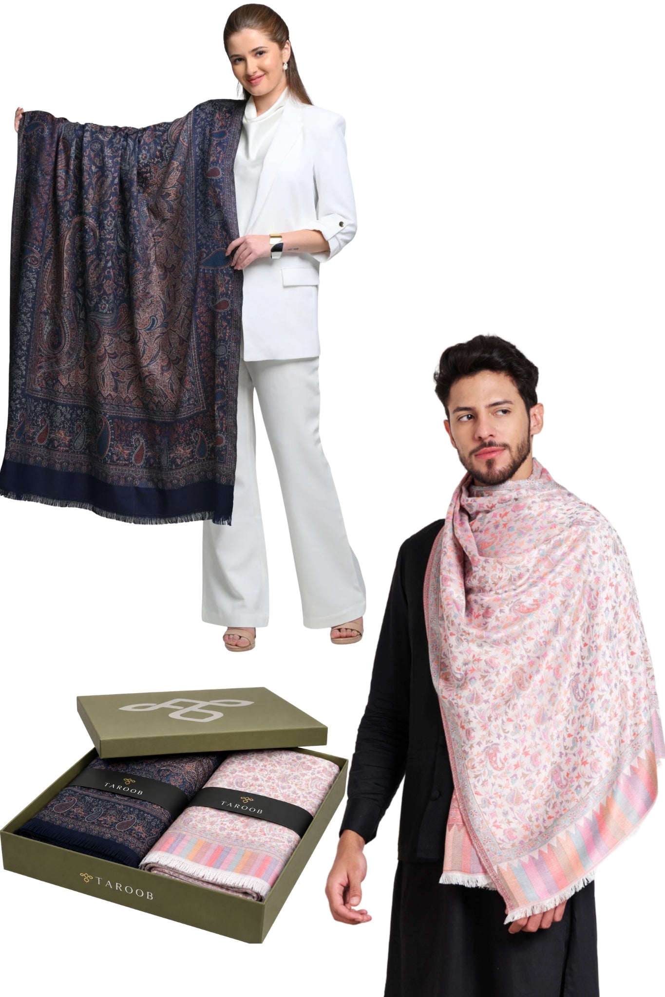 Taroob Gift Set of Faux Pashmina Jamawar Shawl & Silk Jamawar Stole