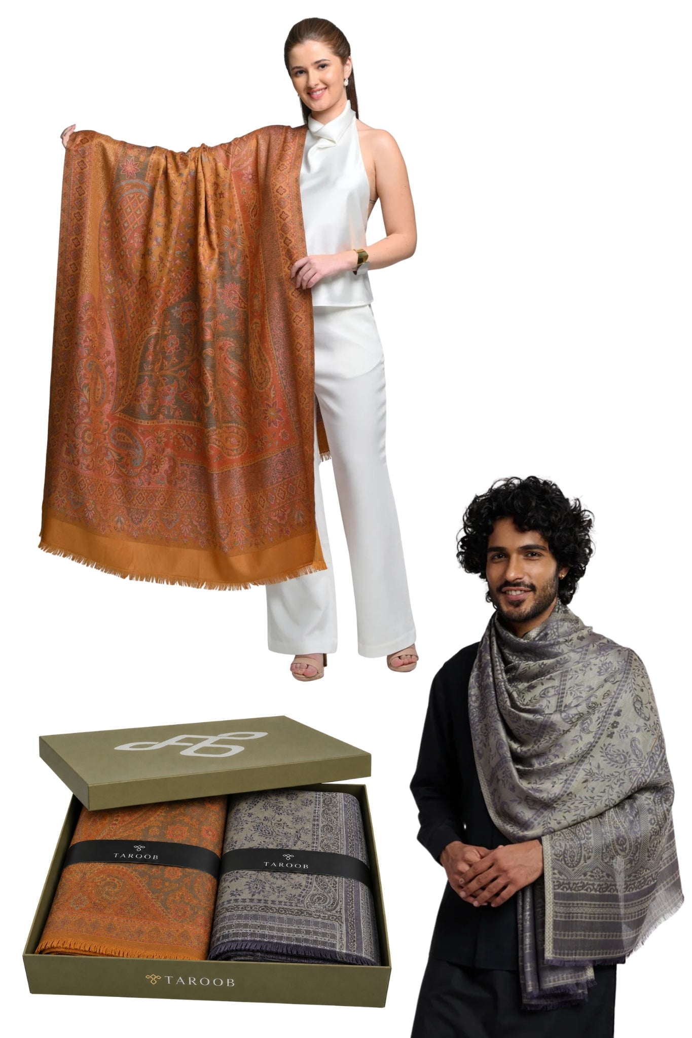 Taroob Gift Set of Superfine Modal Stole for Him & Faux Pashmina Jamawar Shawl for Her in UAE