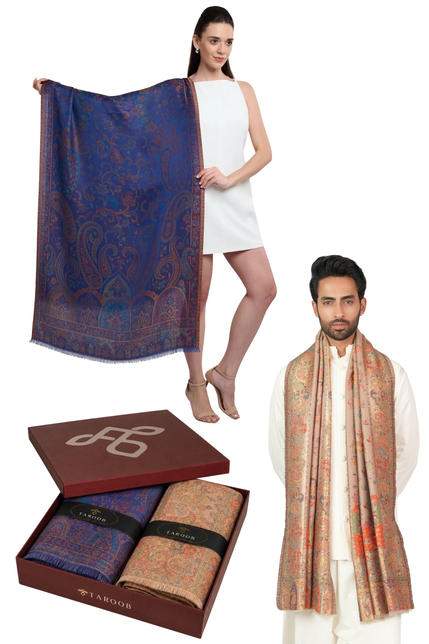 Taroob Couple Gift Set of Fine Wool Resham Stole & Silk Jamawar Stole
