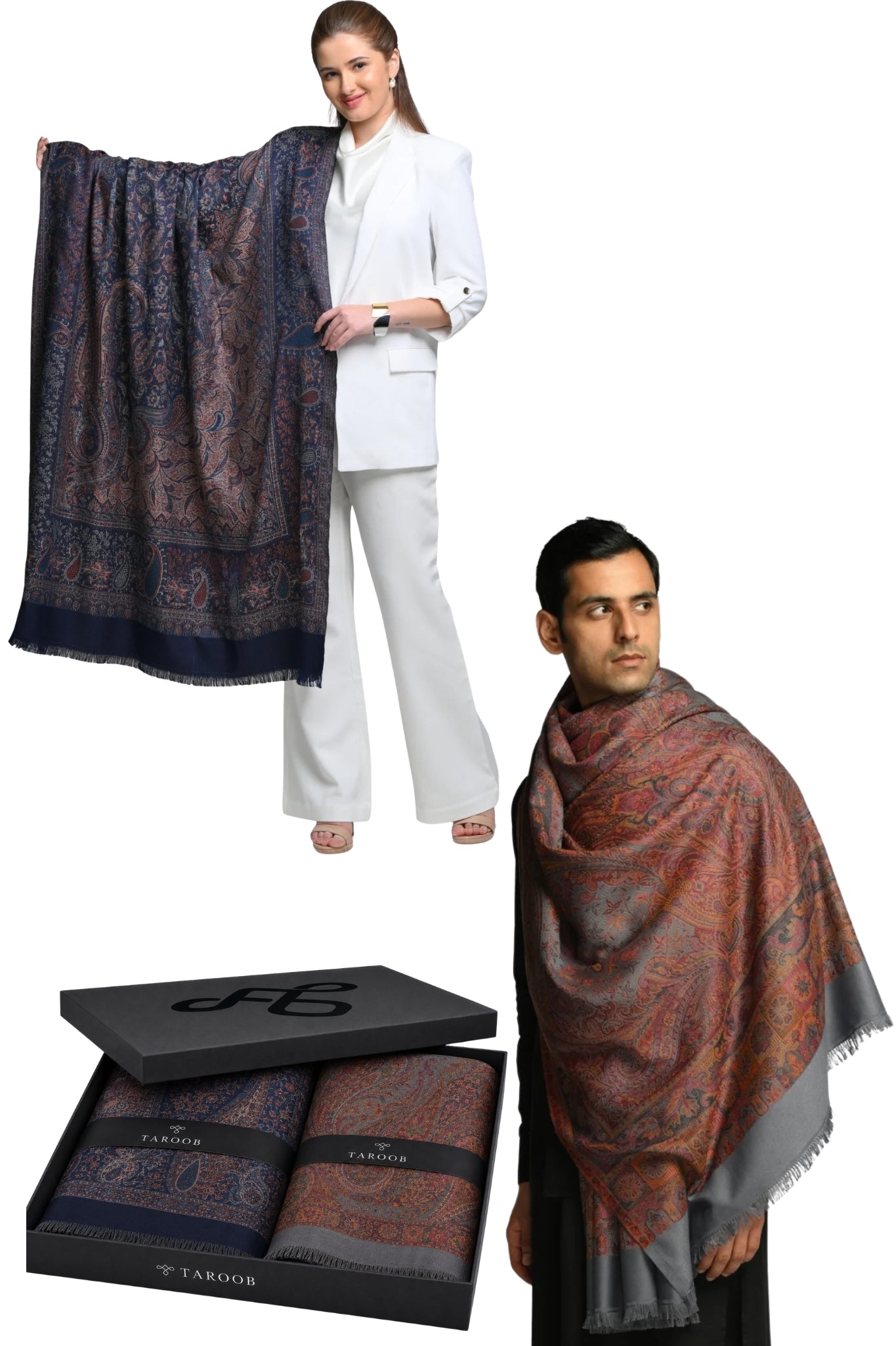 Taroob Gift Set of Faux Pashmina Jamawar Shawls for Him & Her