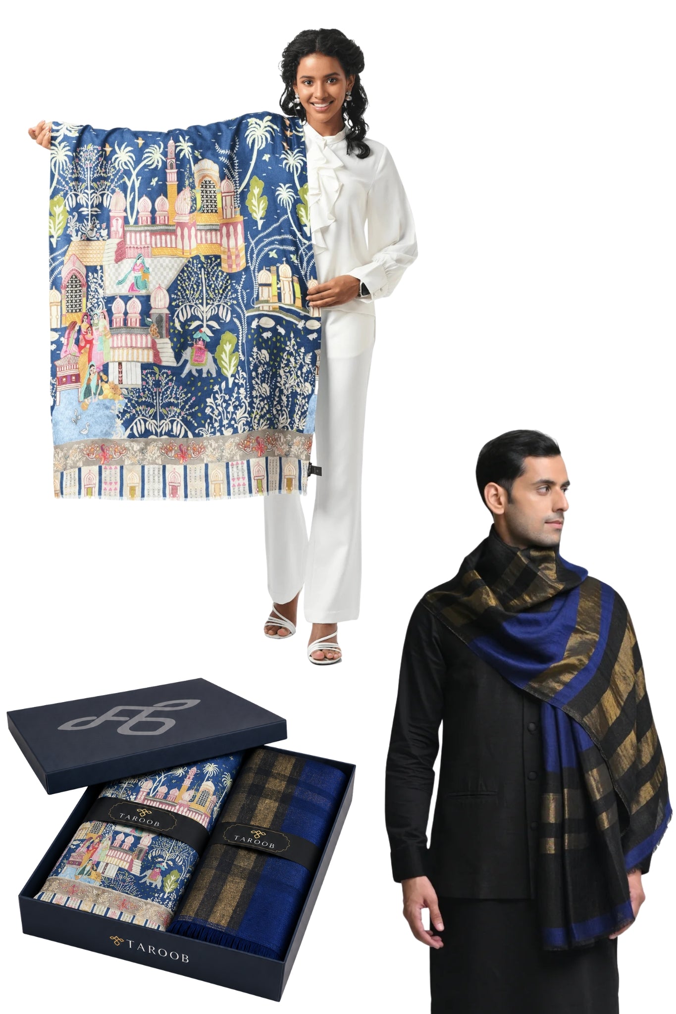 Couple Gift Set of Zari Stole for Him & Kalamkari Stole for Her Taroob