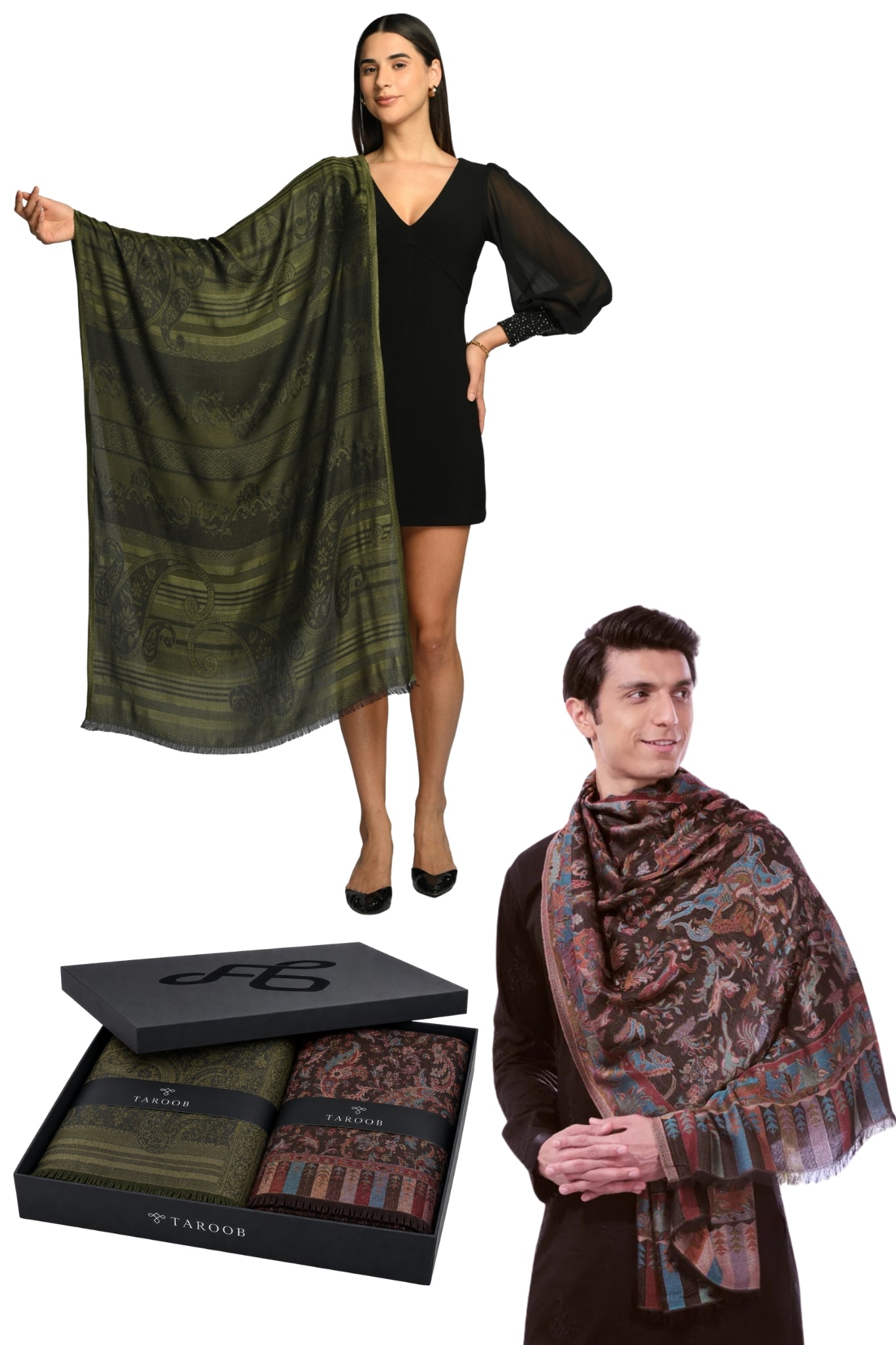 Taroob Couple Gift Set of Regal Kasmiri Jamawar Stoles for Him & Her