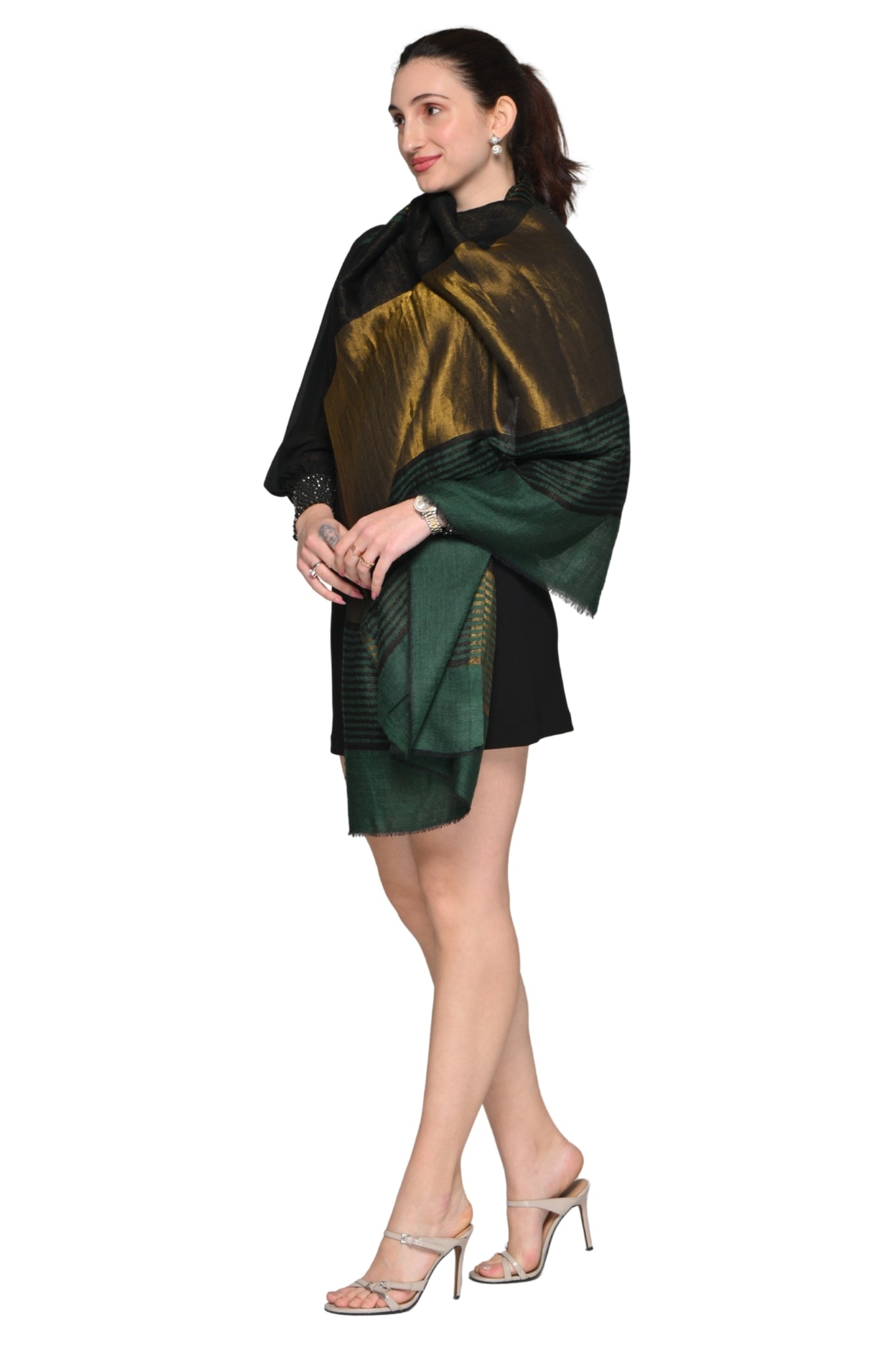 Fine Wool Antique Gold Striper Stole – Women's Zari Stoles – View 6 | Taroob