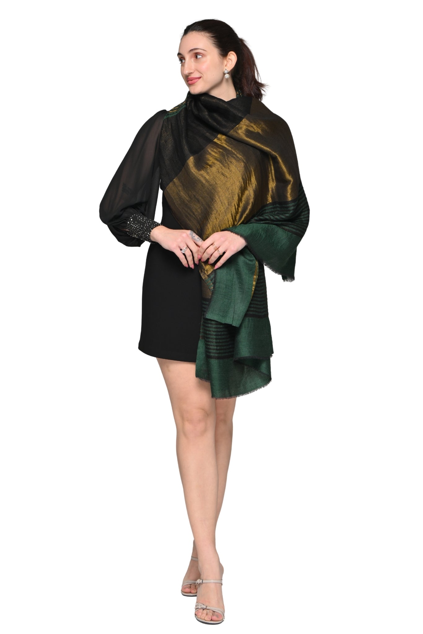 Fine Wool Antique Gold Striper Stole – Women's Zari Stoles – View 8 | Taroob