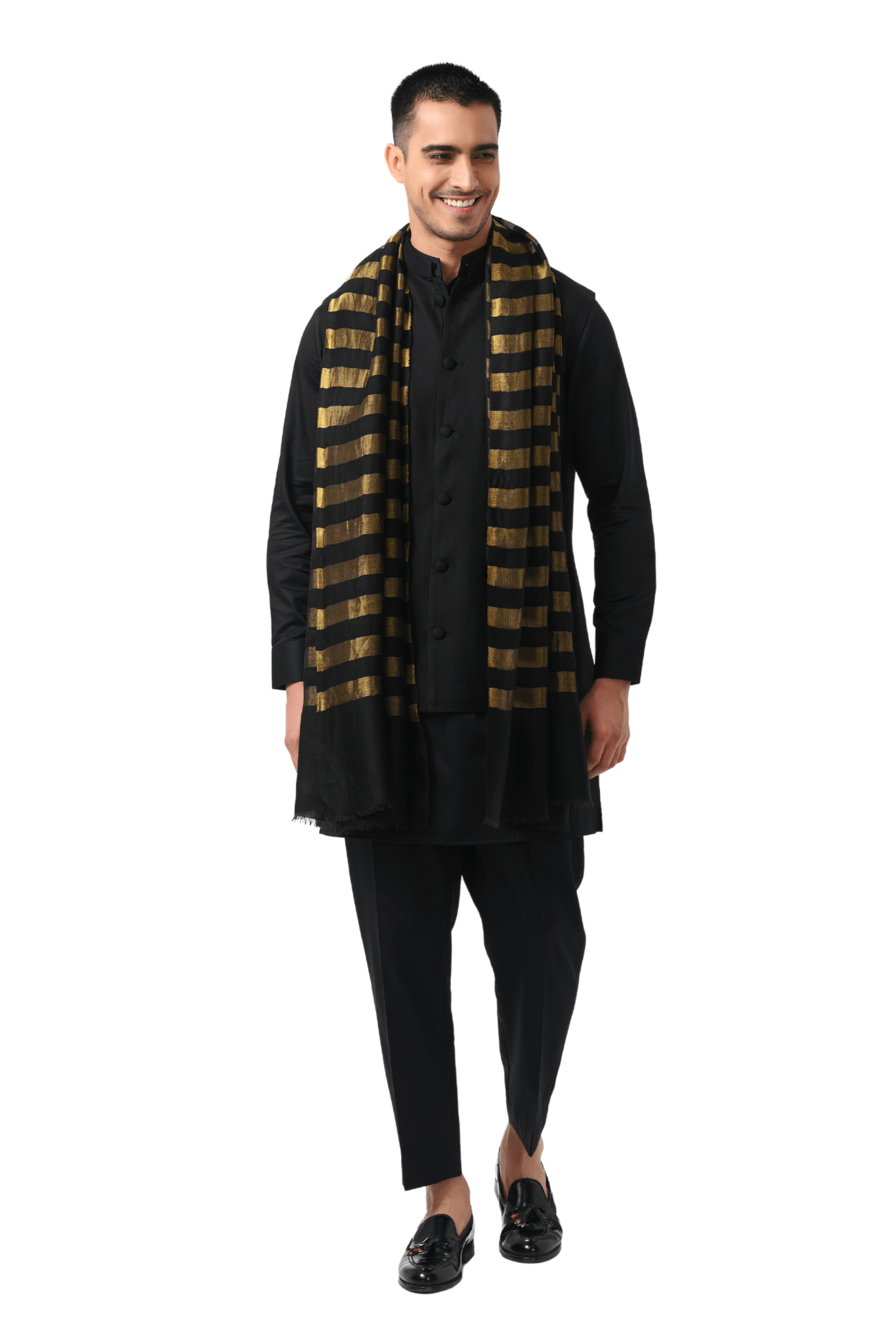 Black Men's Zari Wool Striper Stole, Men's Soft Scarf – Zari Stoles – Alternate view | Taroob