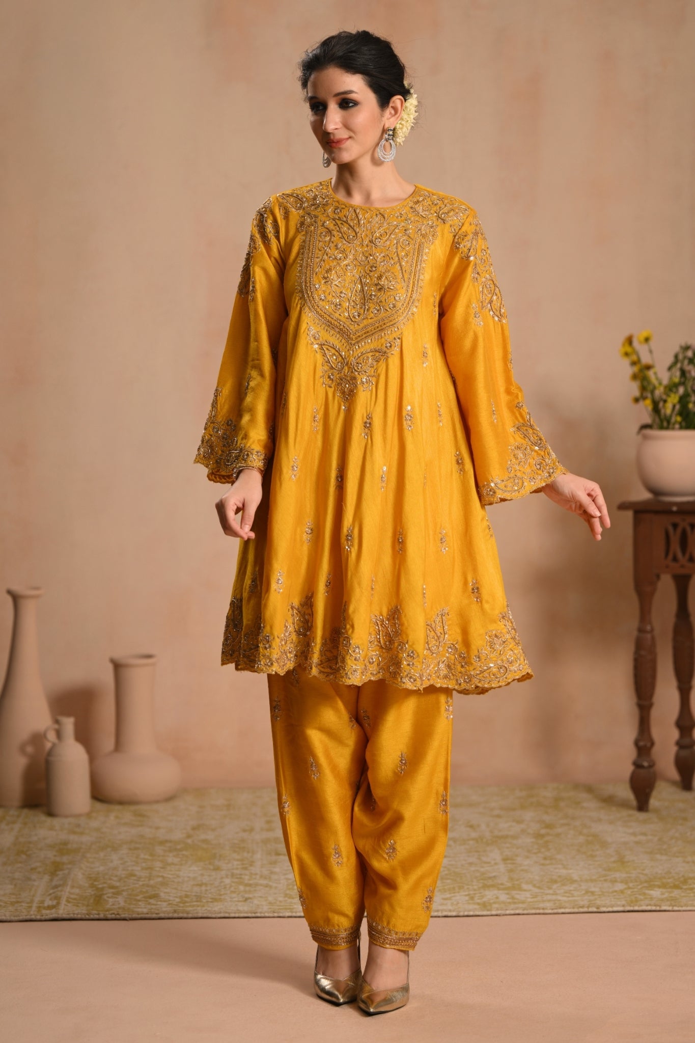 Women's Mustard Zarqash Hand Embroidered Kalidar Kurta Set Taroob