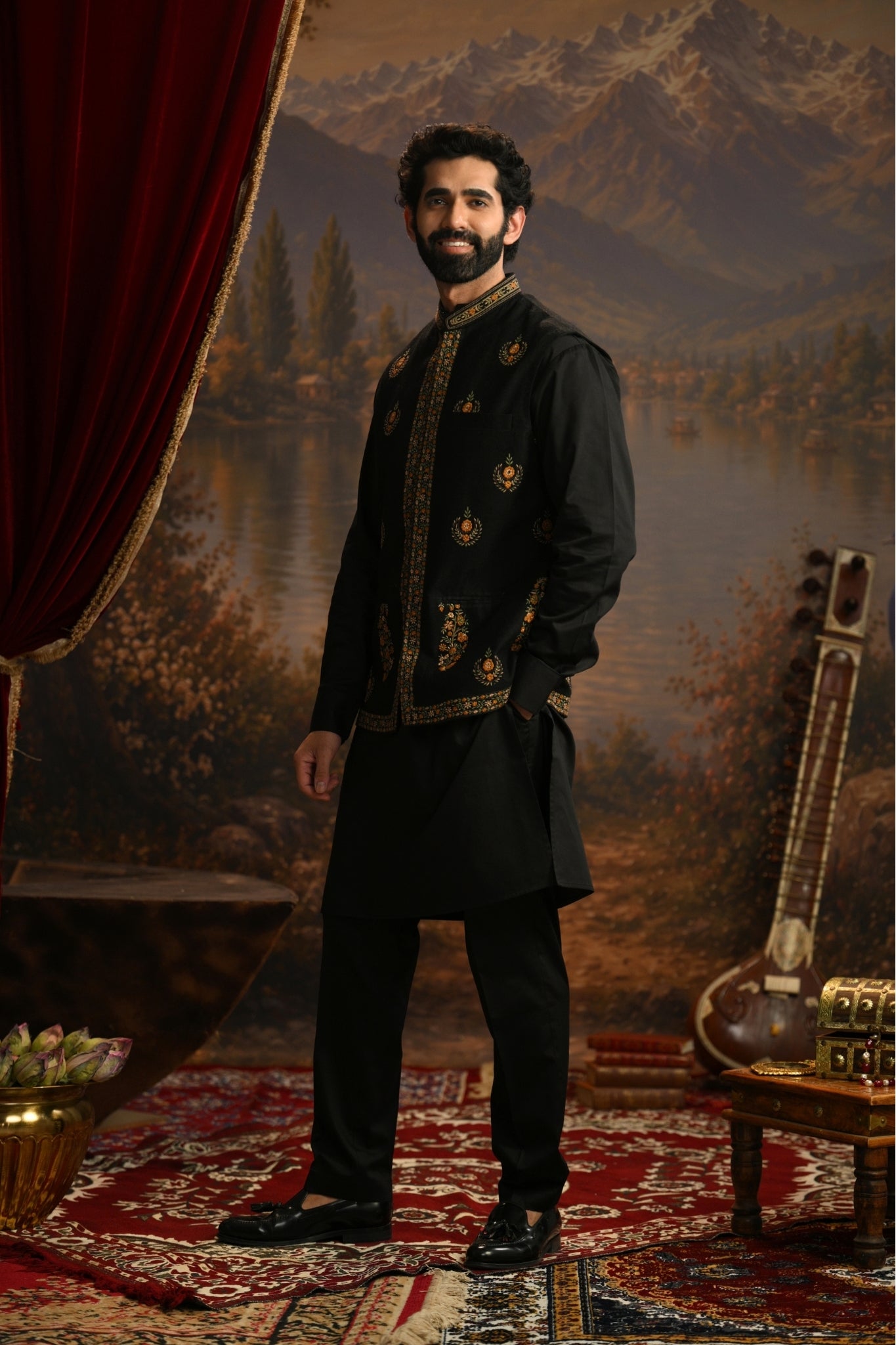 Black Mehrab Embroidered Nehru Jacket Taroob