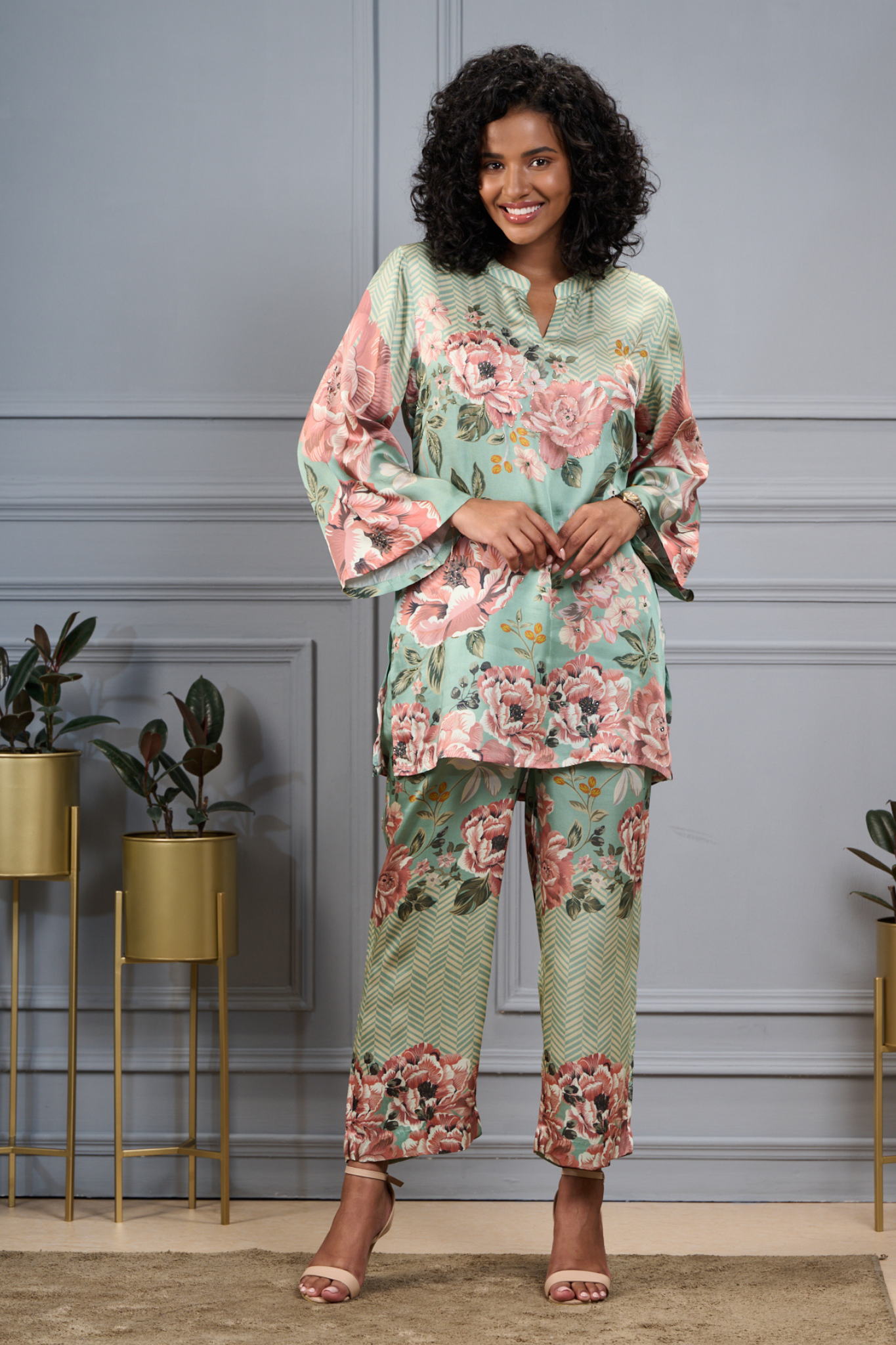 Taroob Silk Satin Bold Floral Co-ord Set With Embroidered Highlights