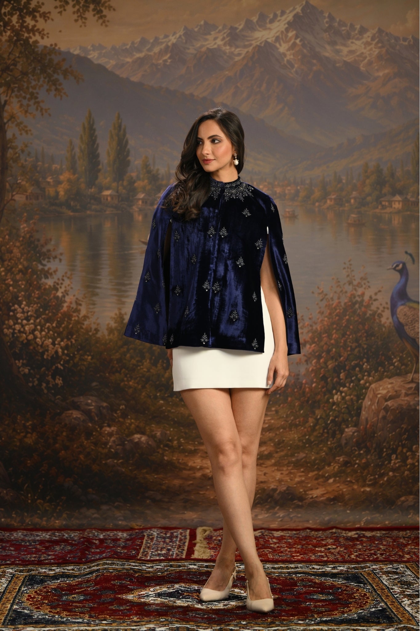 Navy Embroidered Jewelled Velvet Cape Taroob