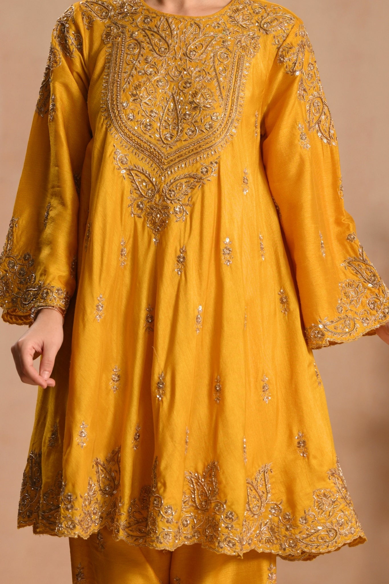 Women's Mustard Zarqash Hand Embroidered Kalidar Kurta Set Taroob