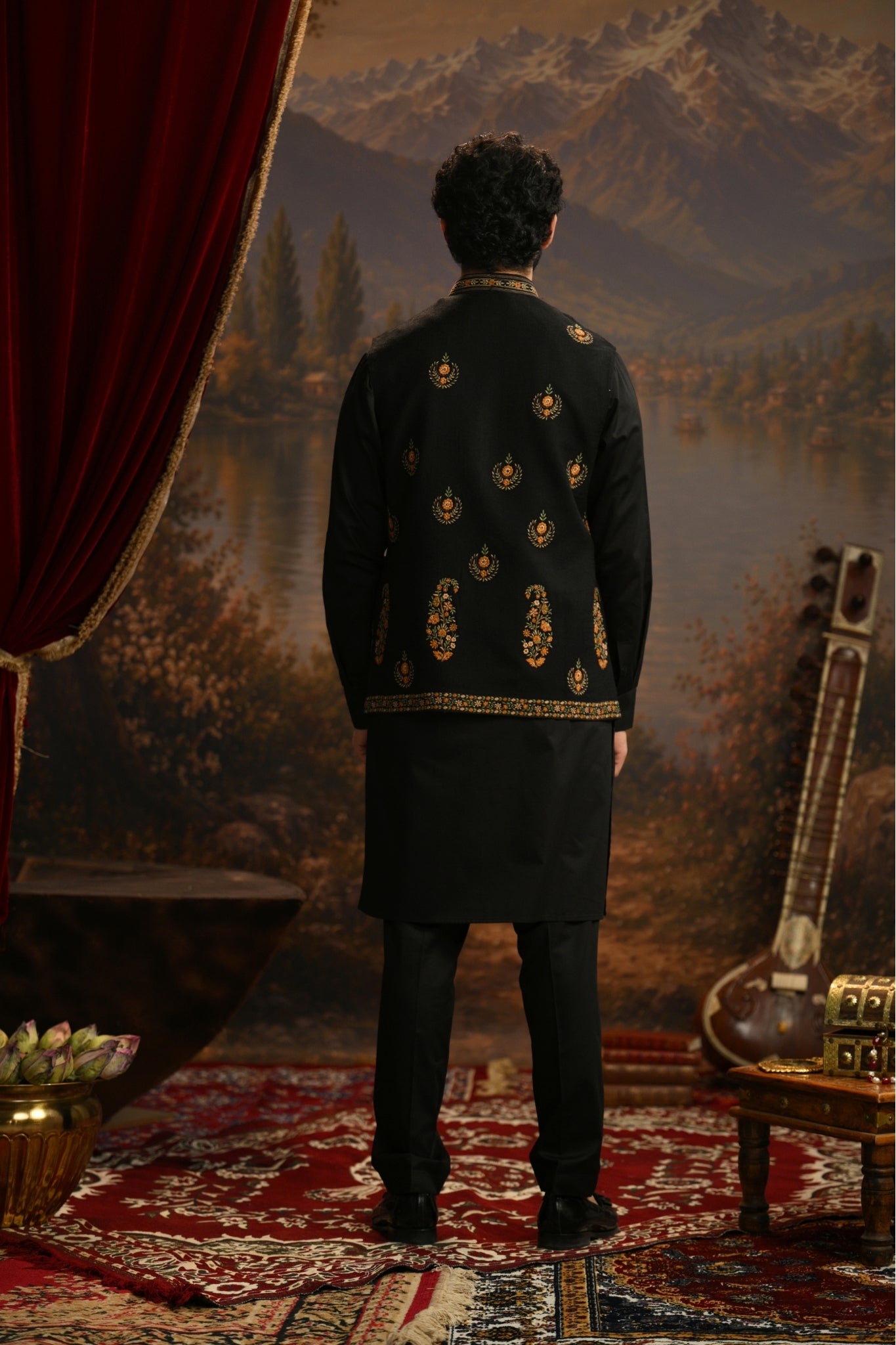 Black Mehrab Embroidered Nehru Jacket Taroob