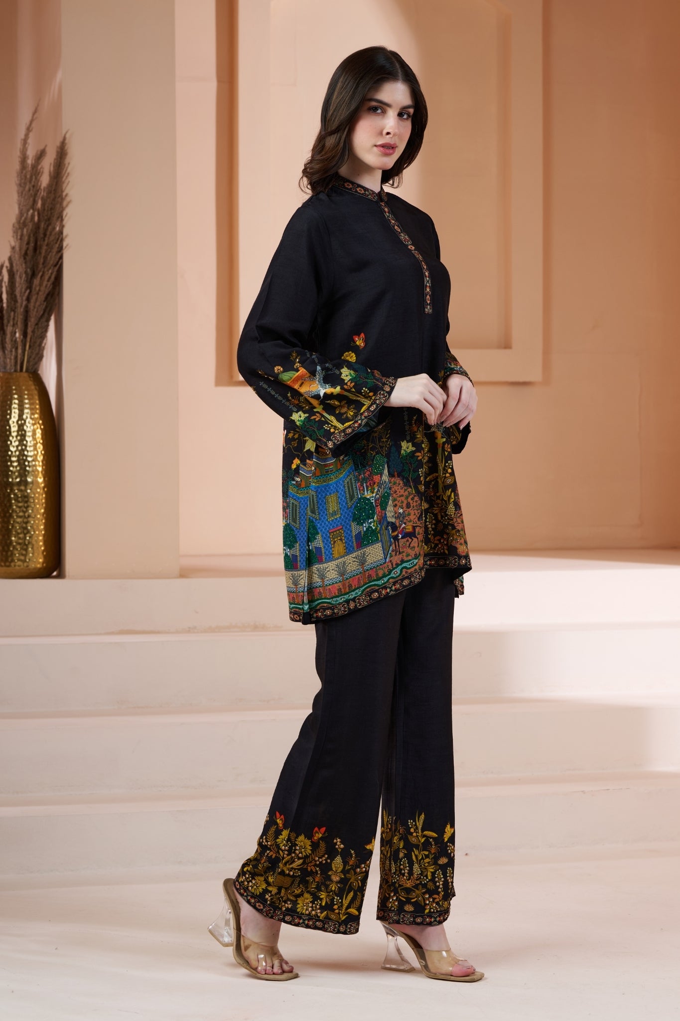 Mughal Printed Silk Linen Festive Co-ord Set with Embroidery Highlights – Women's Kurta Sets – Styling view | Taroob