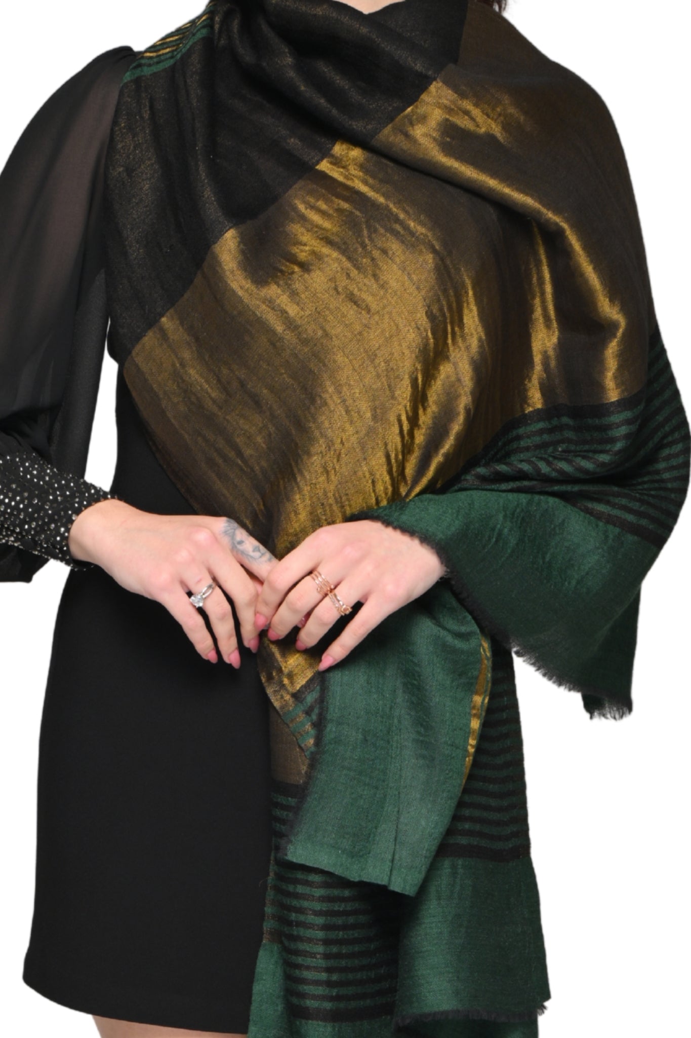 Fine Wool Antique Gold Striper Stole – Women's Zari Stoles – Alternate view | Taroob