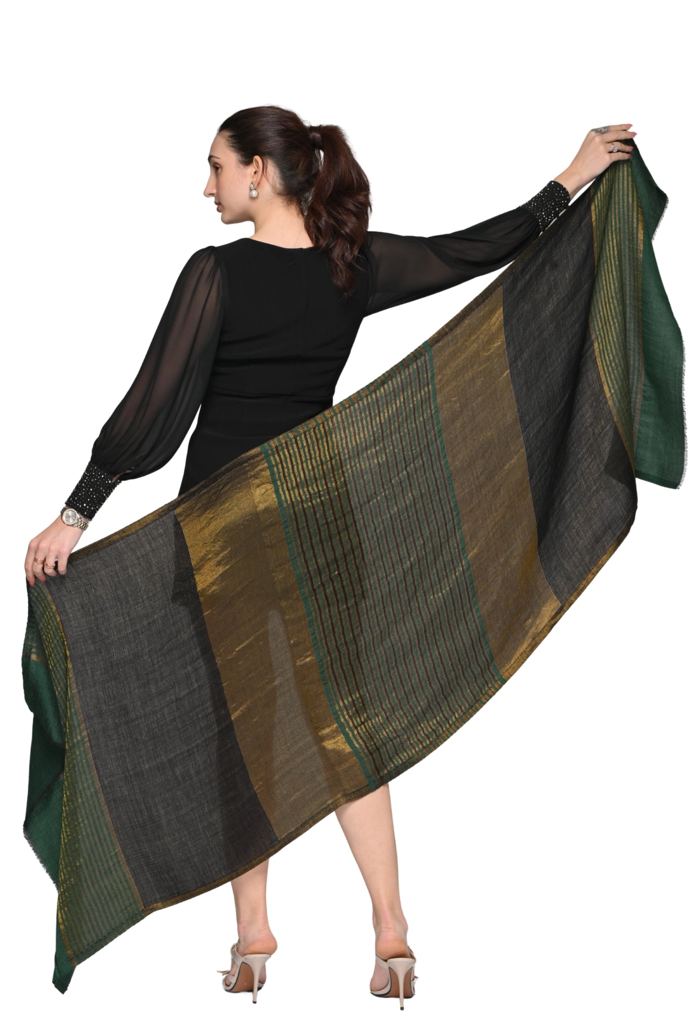 Fine Wool Antique Gold Striper Stole – Women's Zari Stoles – Styling view | Taroob
