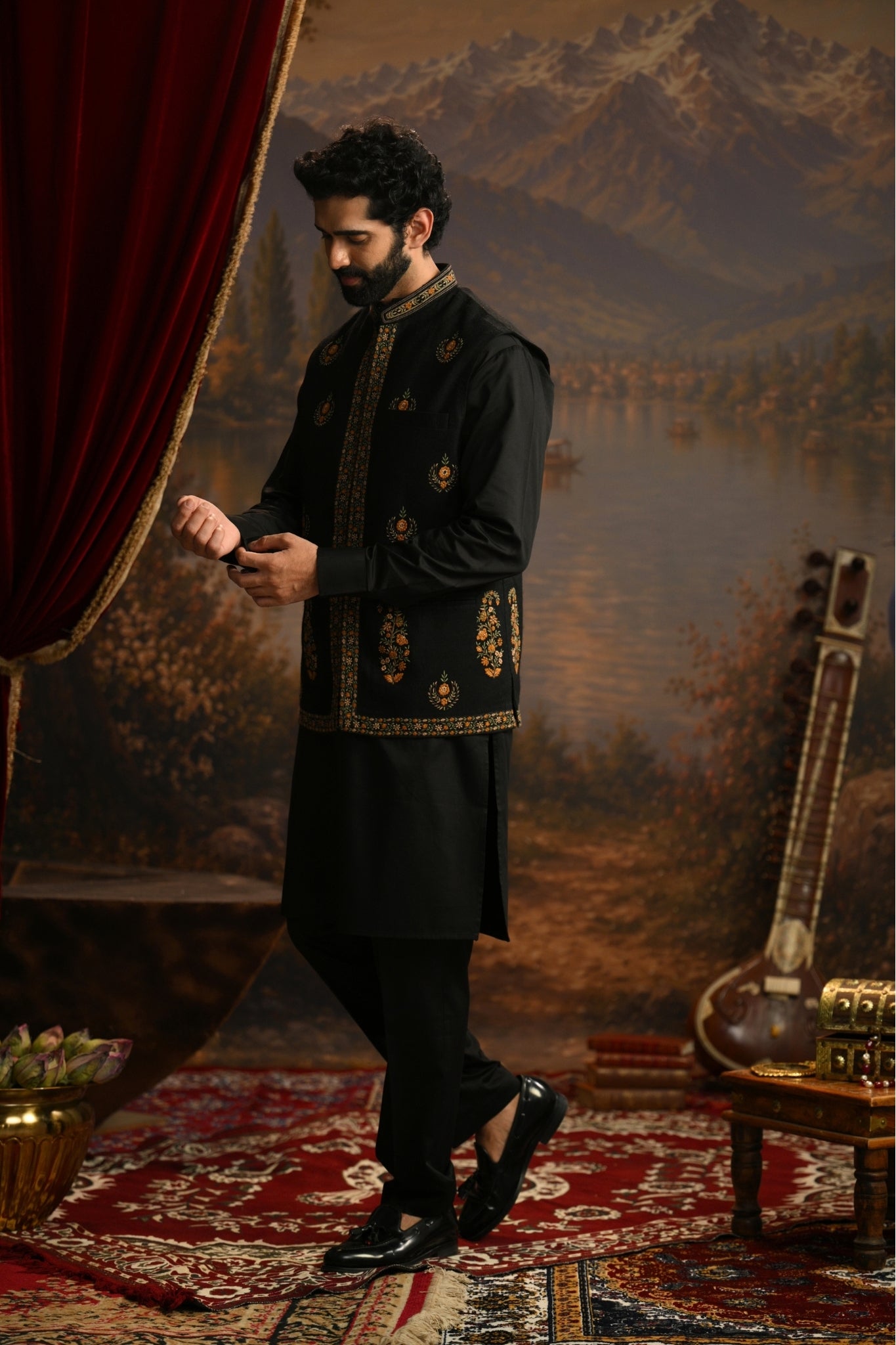 Black Mehrab Embroidered Nehru Jacket Taroob