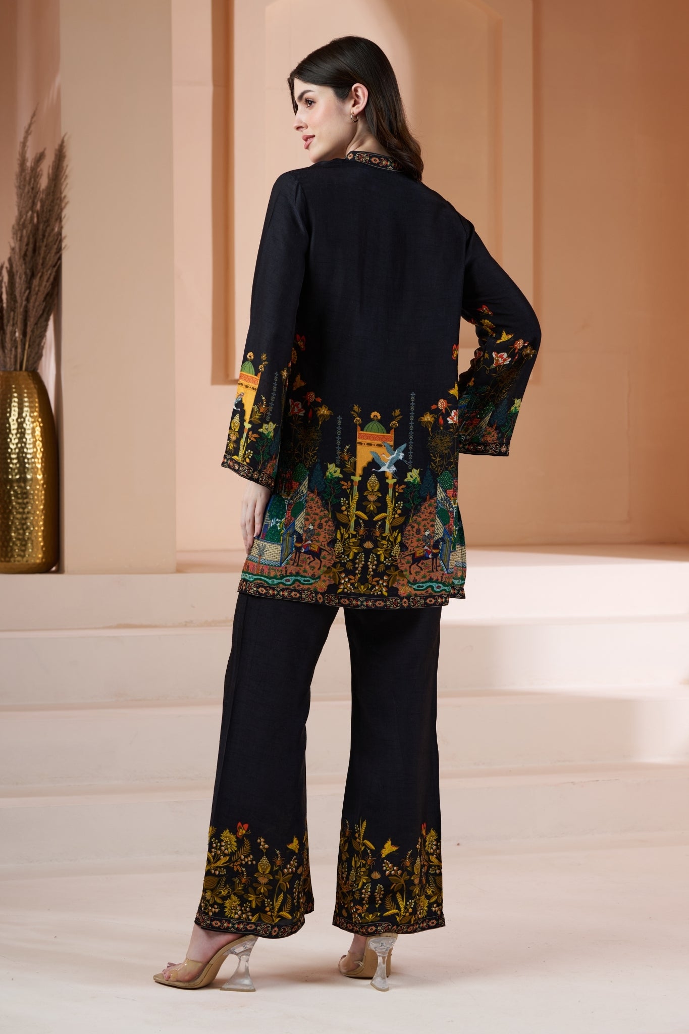 Mughal Printed Silk Linen Festive Co-ord Set with Embroidery Highlights – Women's Kurta Sets – Detail view | Taroob