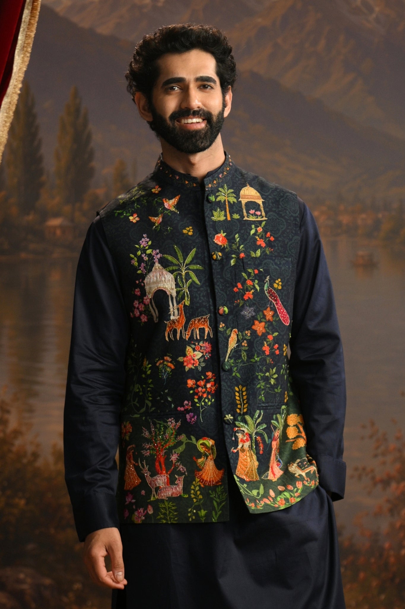 Navy Bagh-e-Shahil Embroidered Nehru Jacket Taroob