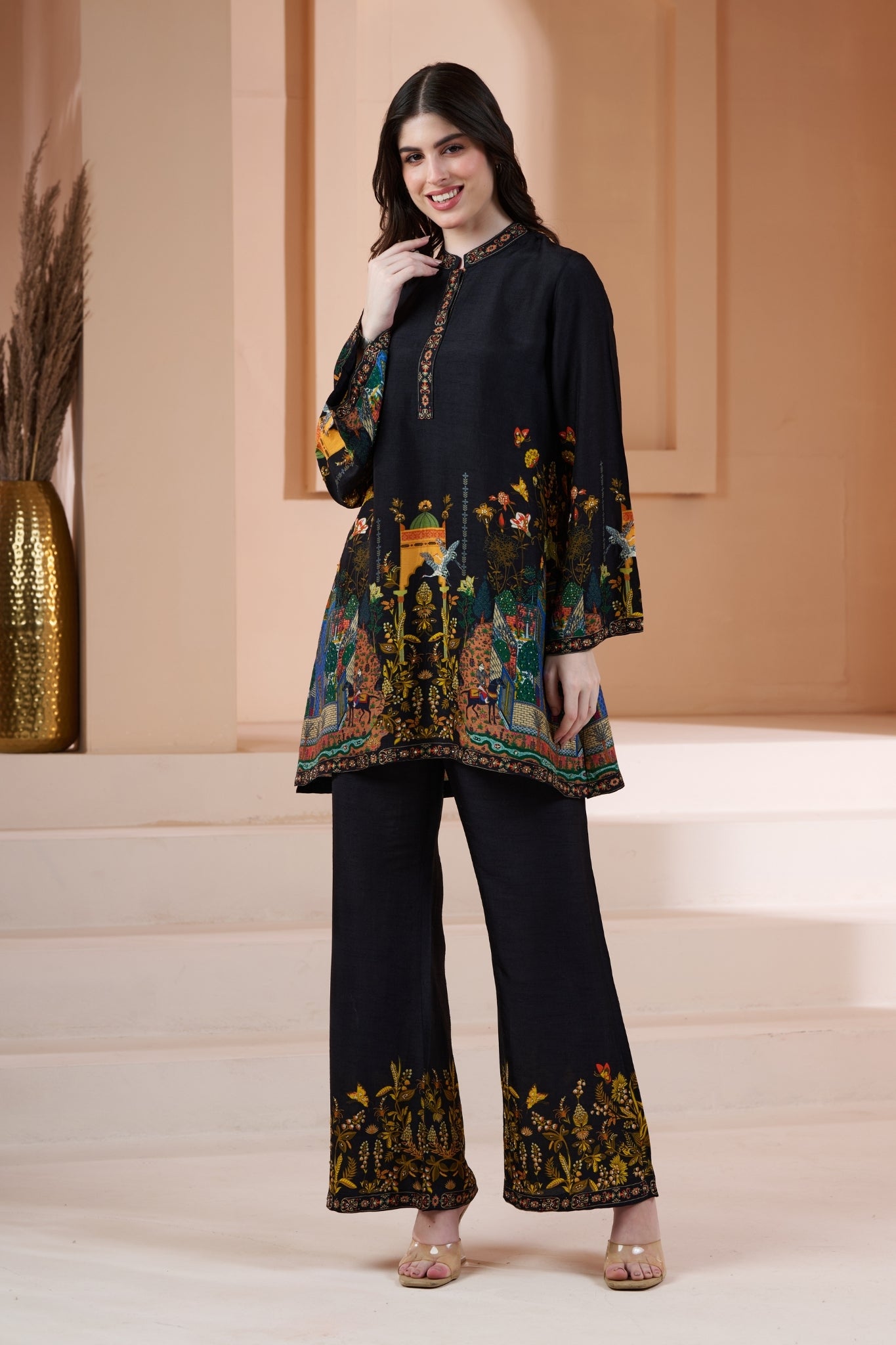 Mughal Printed Silk Linen Festive Co-ord Set with Embroidery Highlights – Women's Kurta Sets – Alternate view | Taroob