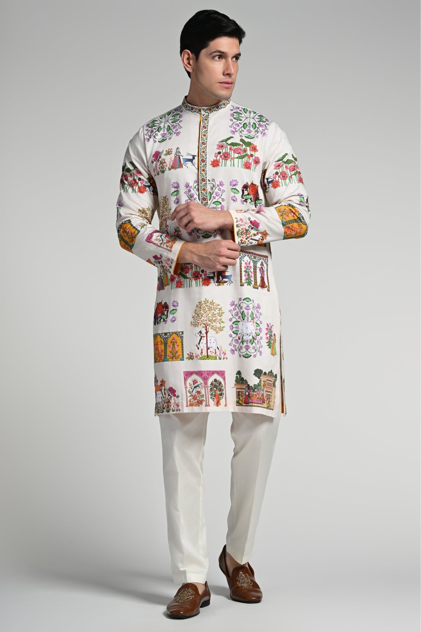 Printed Pichwai Art Kurta Pajama Set – Men's – View 9 | Taroob