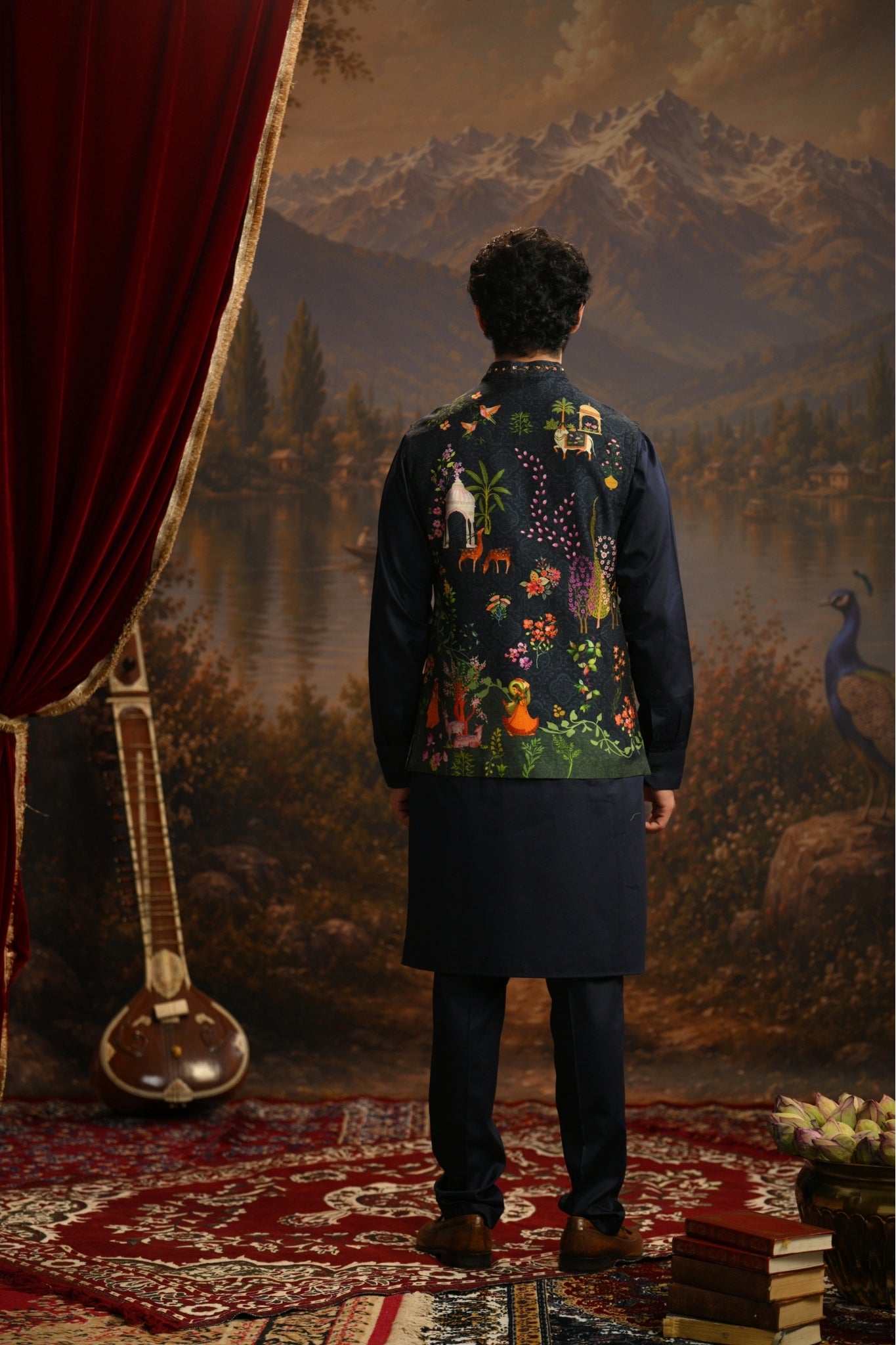 Navy Bagh-e-Shahil Embroidered Nehru Jacket Taroob