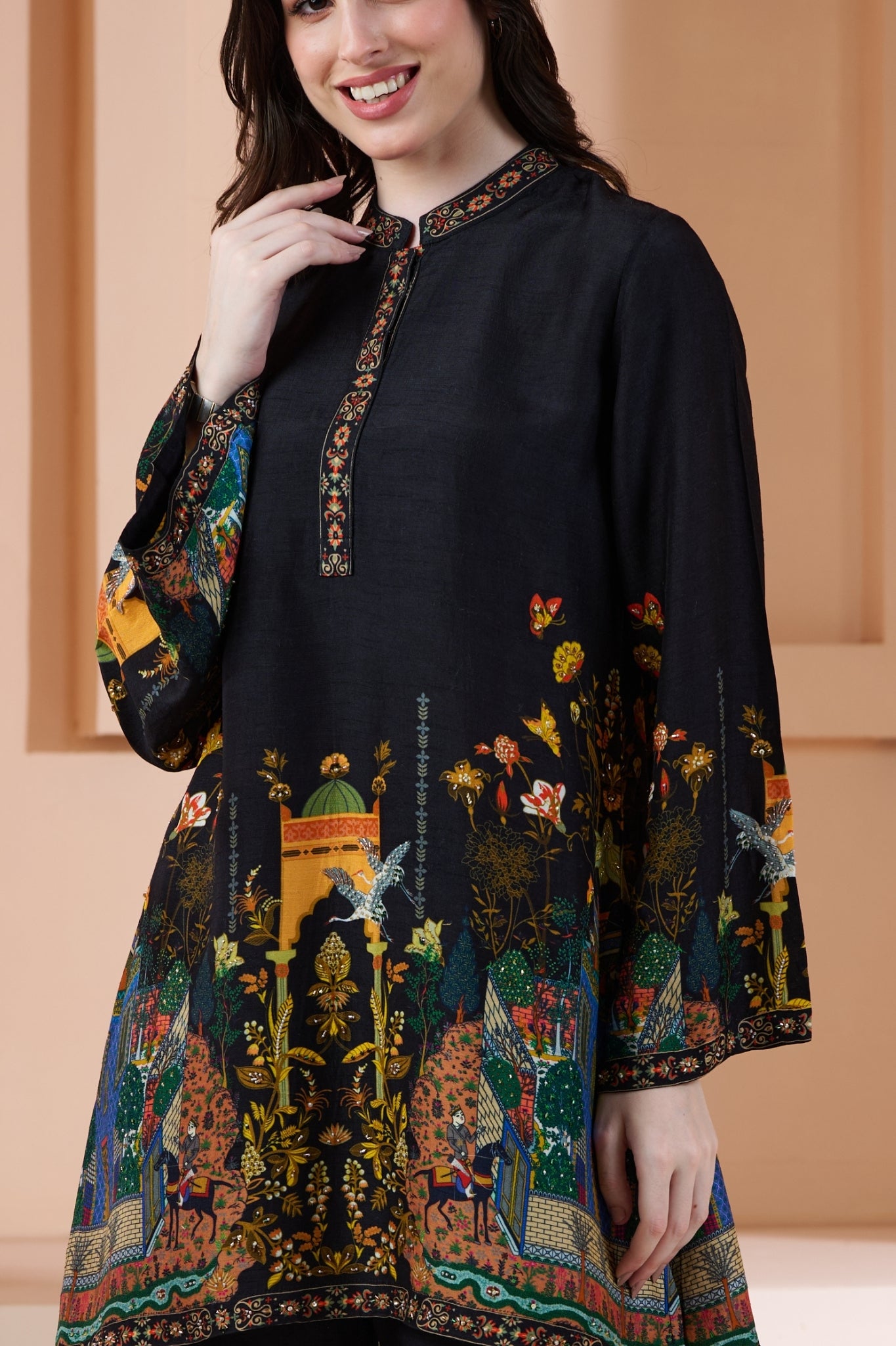 Mughal Printed Silk Linen Festive Co-ord Set with Embroidery Highlights – Women's Kurta Sets – View 7 | Taroob