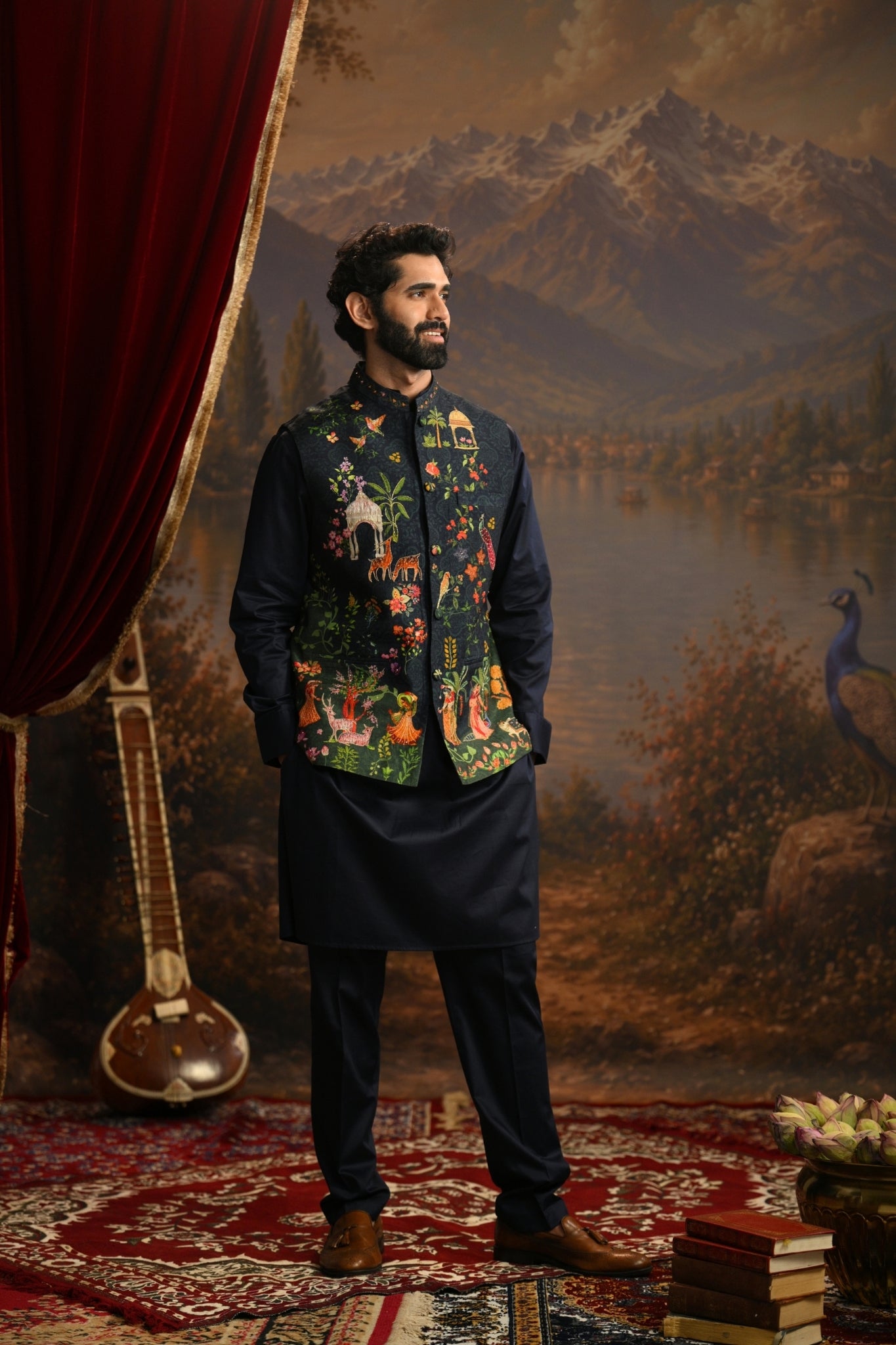 Navy Bagh-e-Shahil Embroidered Nehru Jacket Taroob
