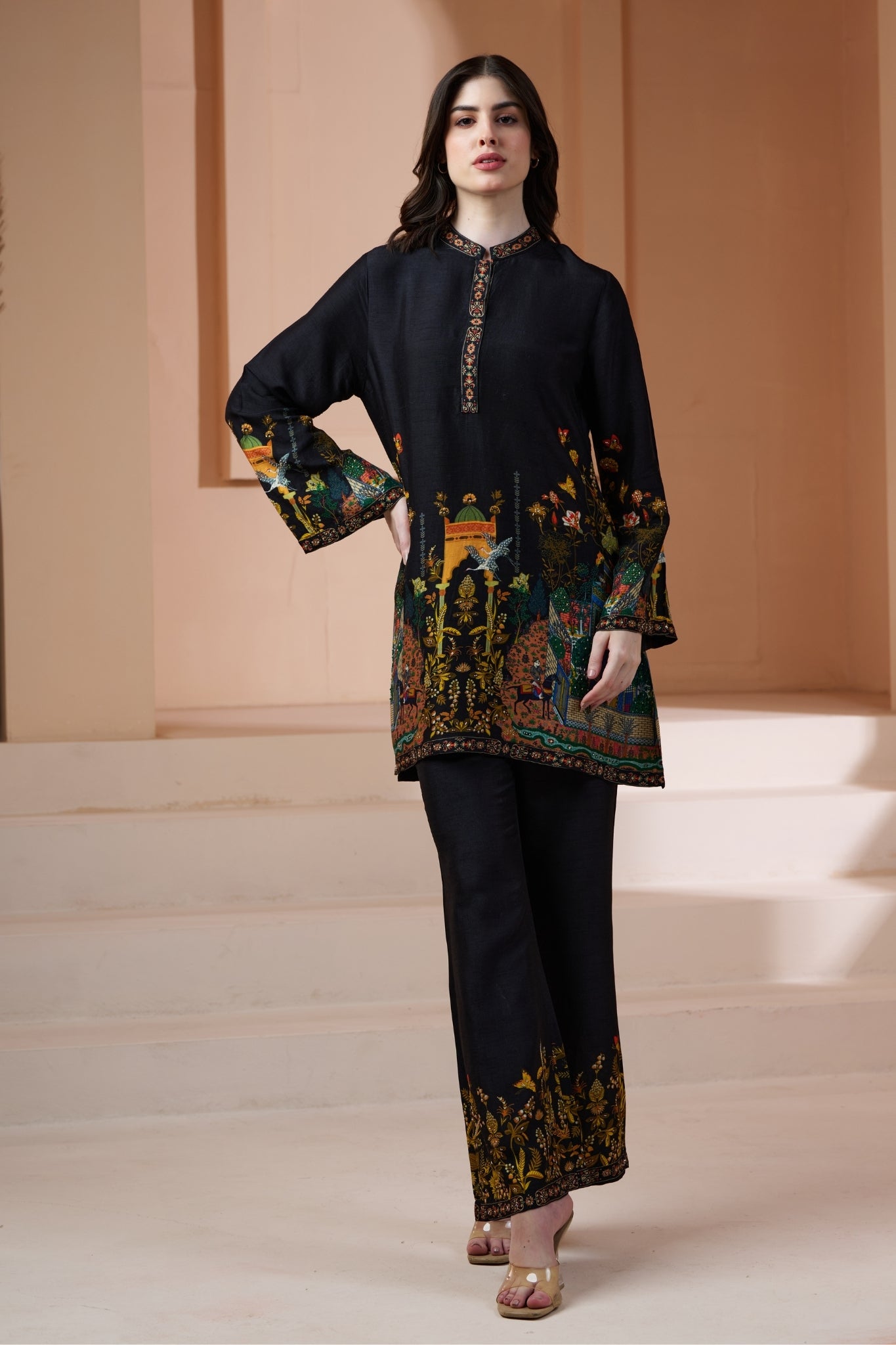 Mughal Printed Silk Linen Festive Co-ord Set with Embroidery Highlights – Women's Kurta Sets – View 5 | Taroob