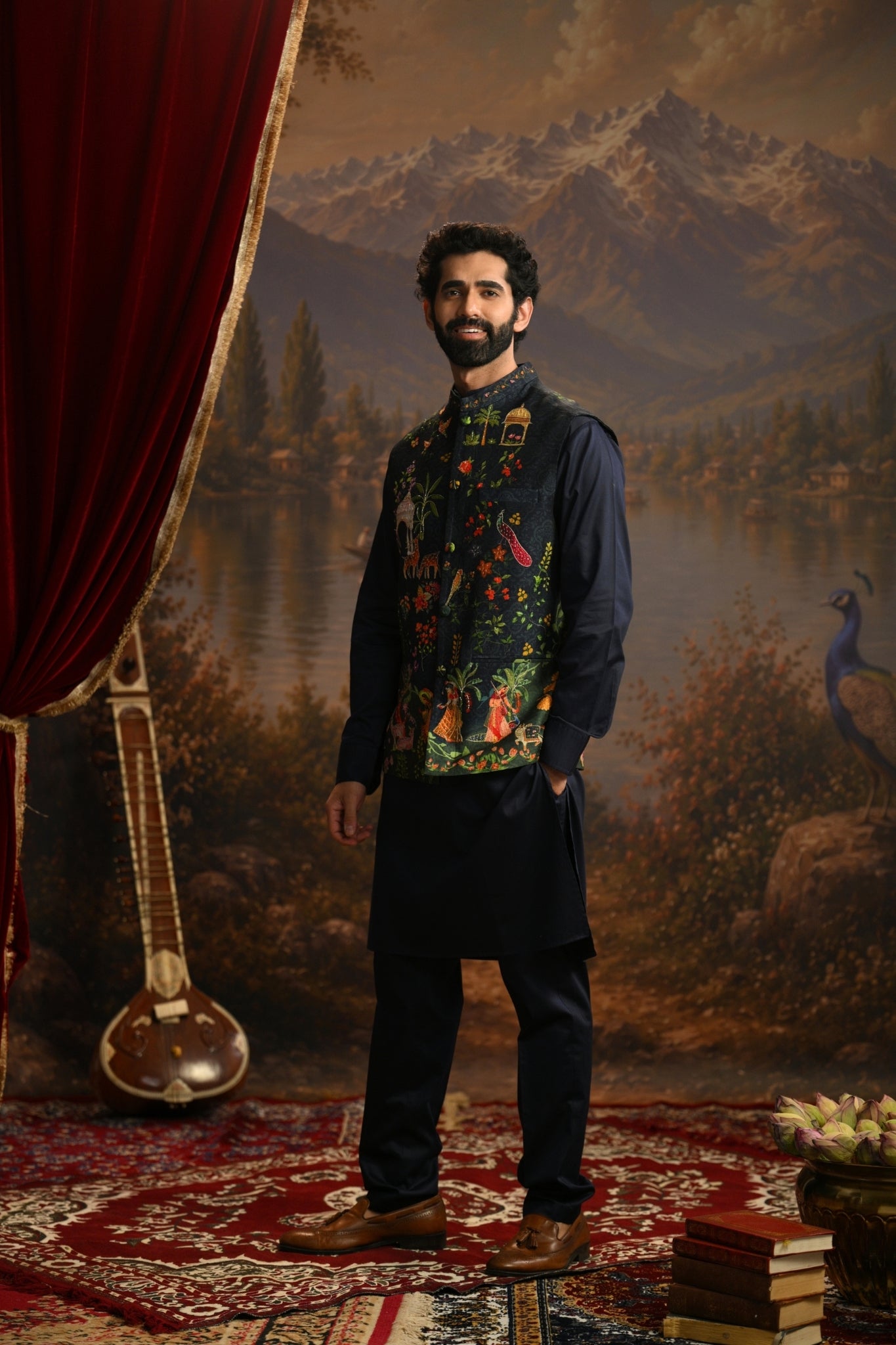 Navy Bagh-e-Shahil Embroidered Nehru Jacket Taroob