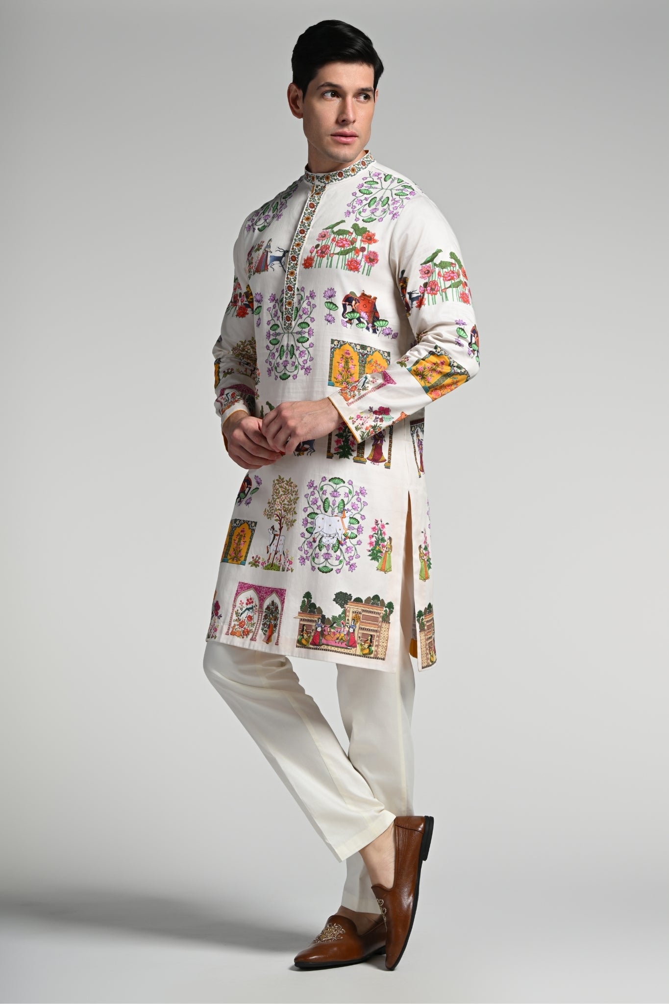 Printed Pichwai Art Kurta Pajama Set – Men's – View 6 | Taroob