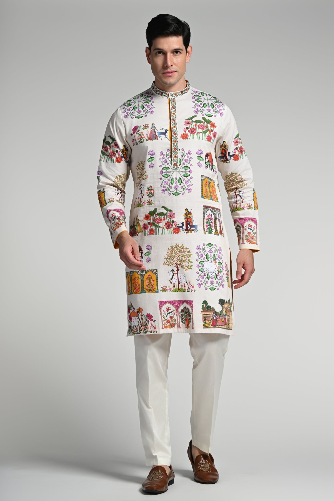Printed Pichwai Art Kurta Pajama Set – Men's – View 5 | Taroob