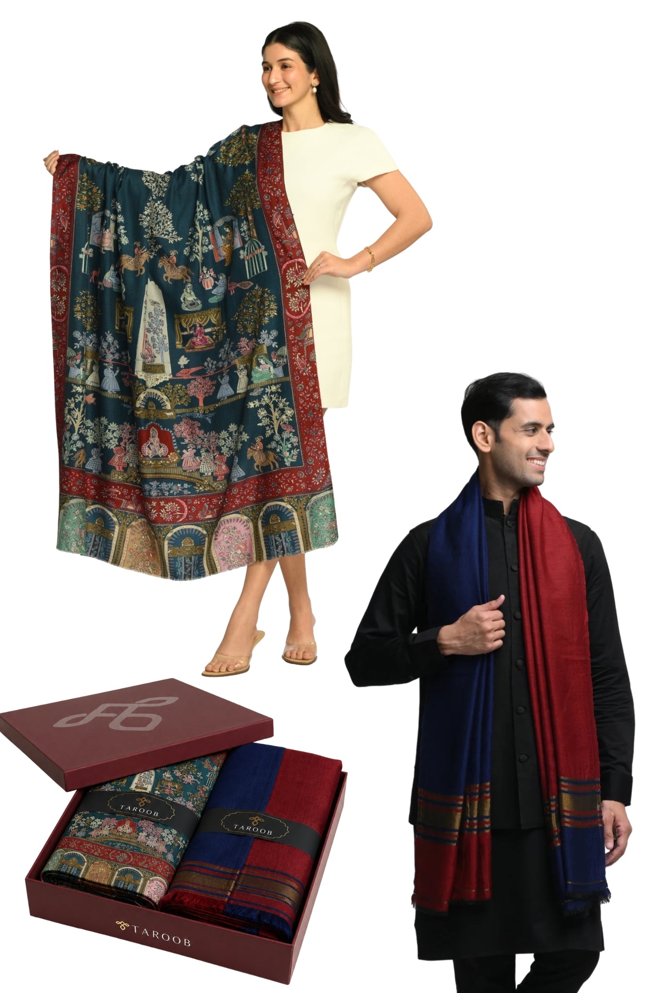 Couple Gift Set of Zari Stole for Him & Kalamkari Stole for Her Taroob