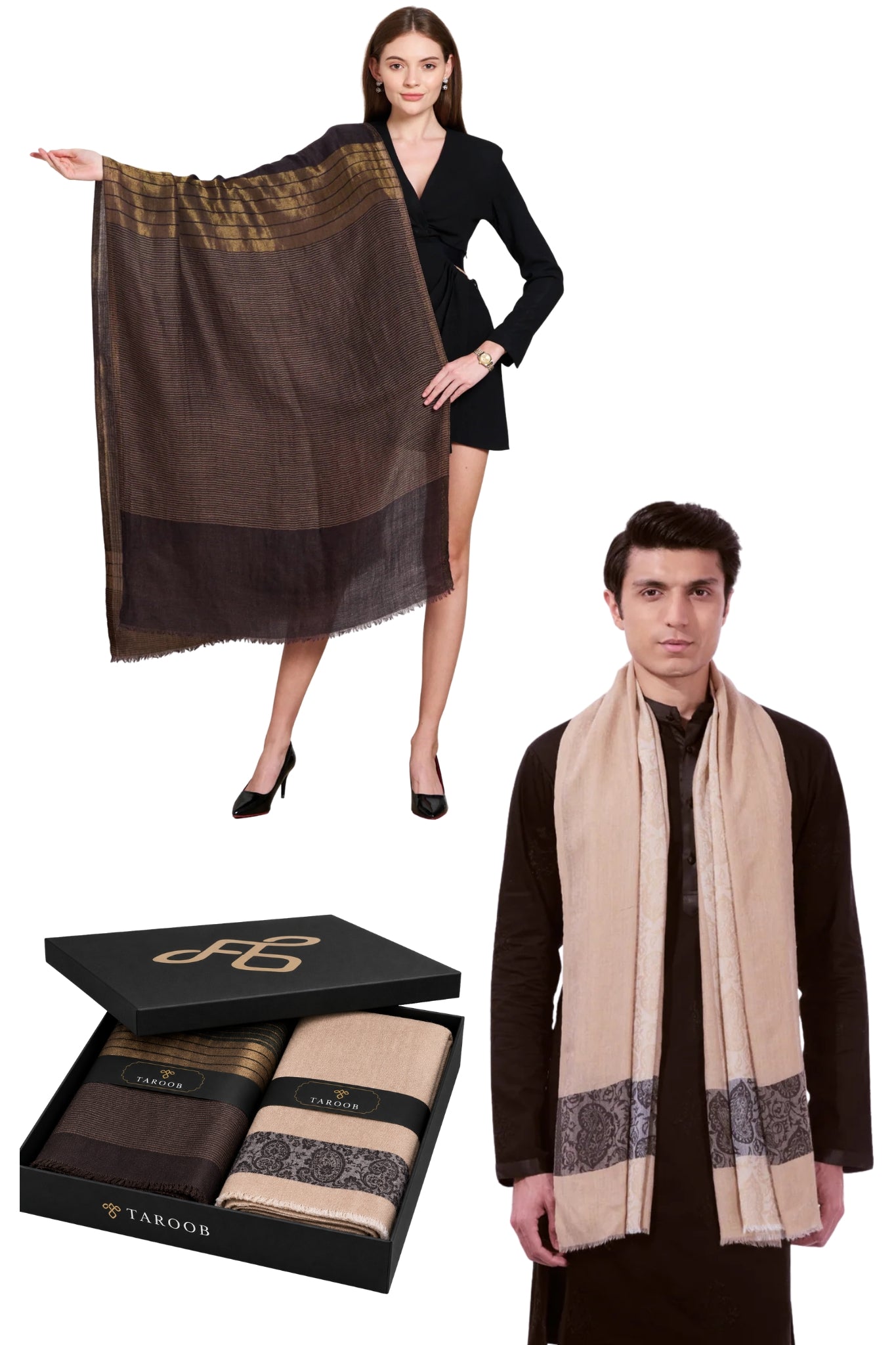 Taroob Gift Set of Wool Zari Stole & Silk Jamawar Stole