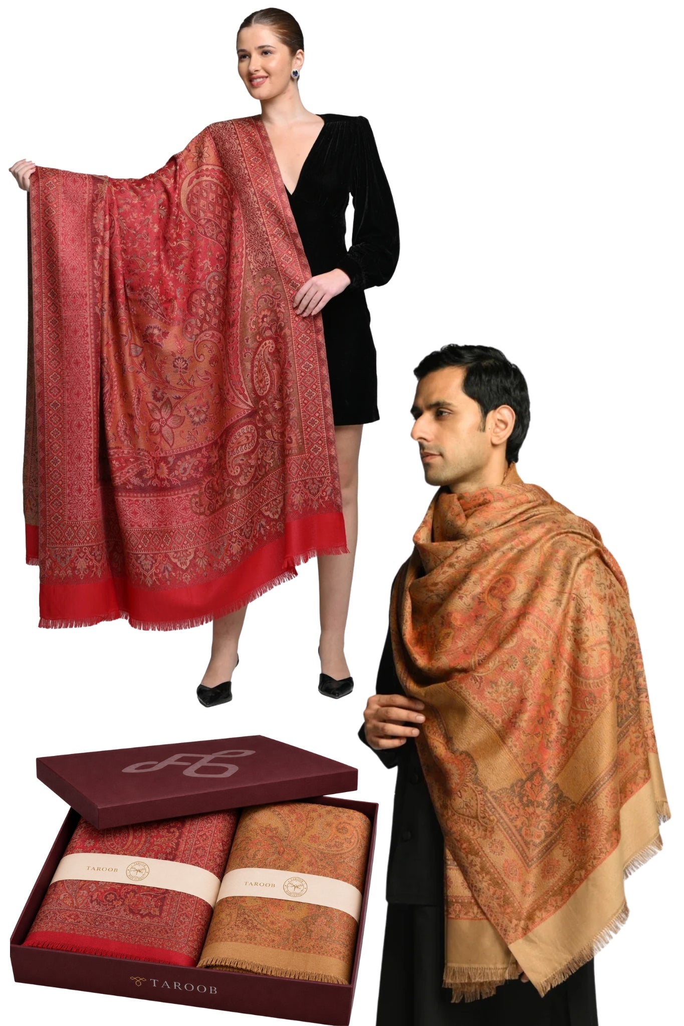 Taroob Gift Set of Faux Pashmina Jamawar Shawls for Him & Her