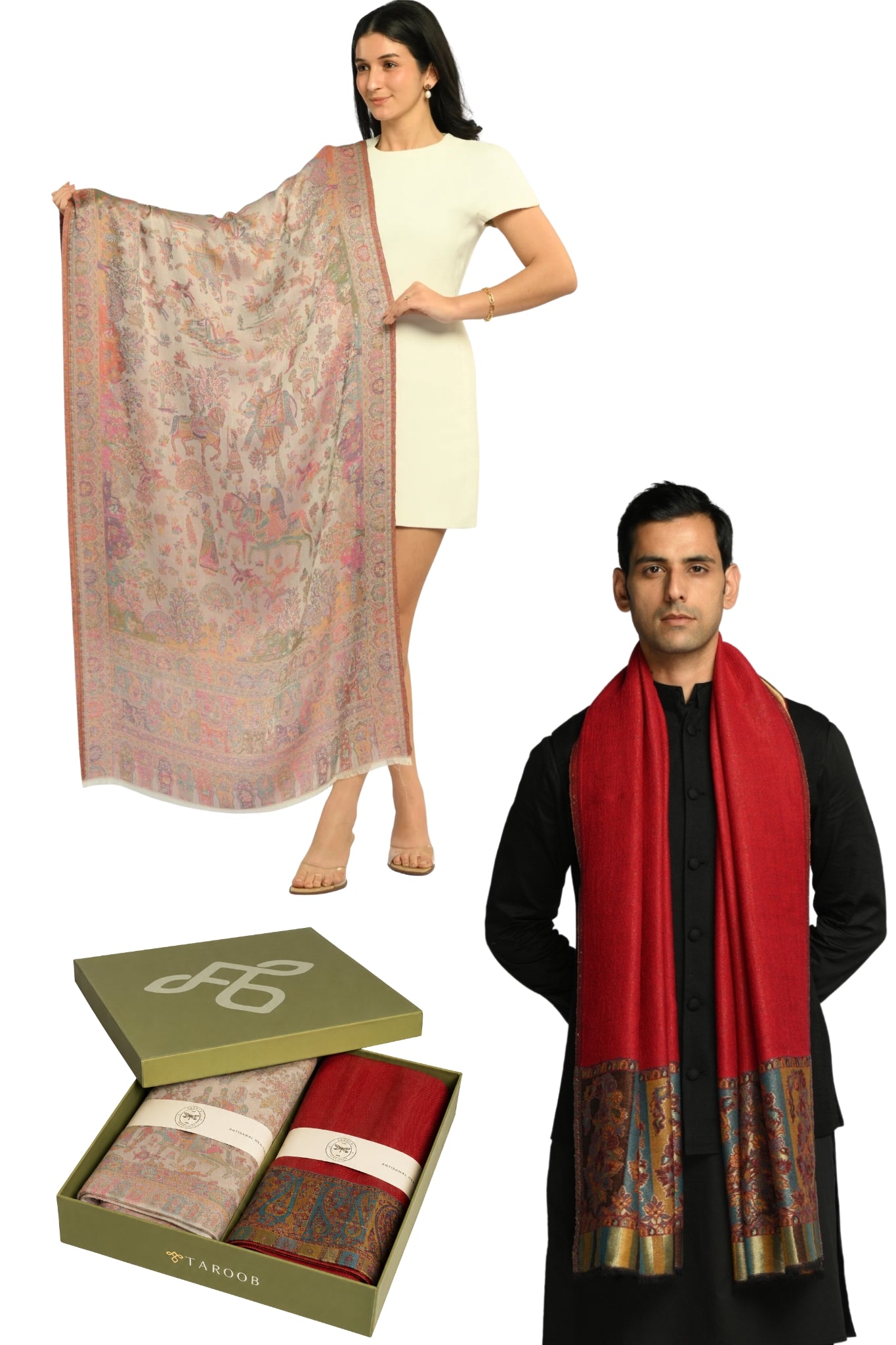 Taroob Couple Gift Set of Fine Wool Resham Stole & Silk Jamawar Stole