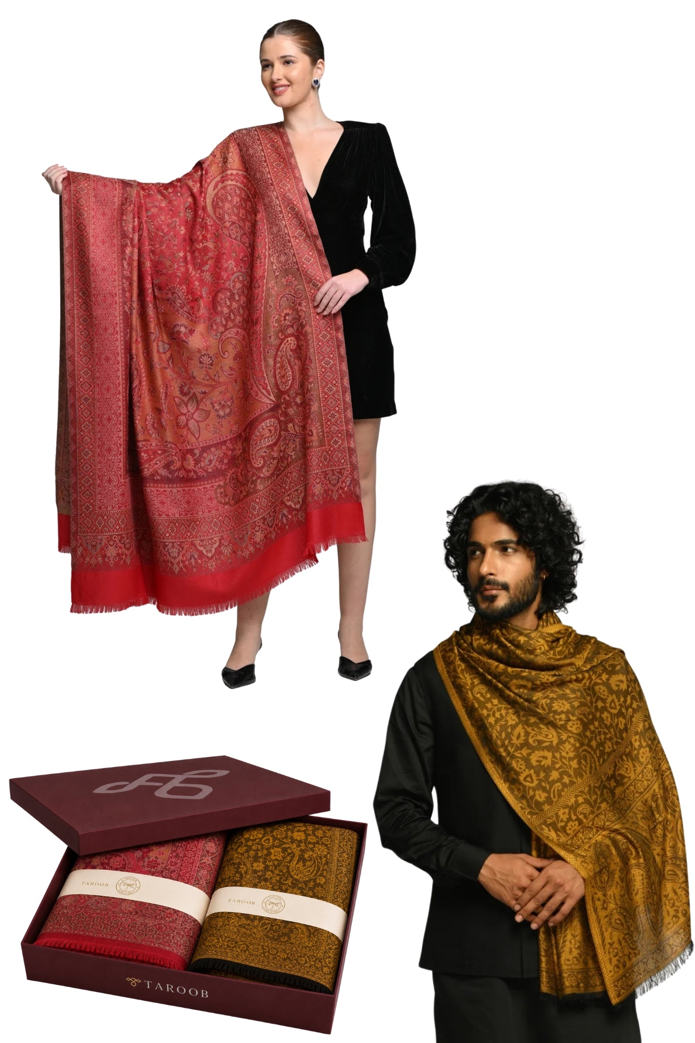 Taroob Gift Set of Superfine Modal Stole for Him & Faux Pashmina Jamawar Shawl for Her in UAE