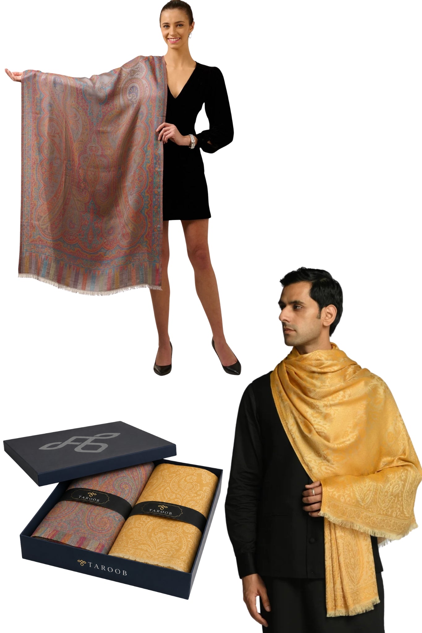 Taroob Couple Gift Set of Regal Kasmiri Jamawar Stoles for Him & Her