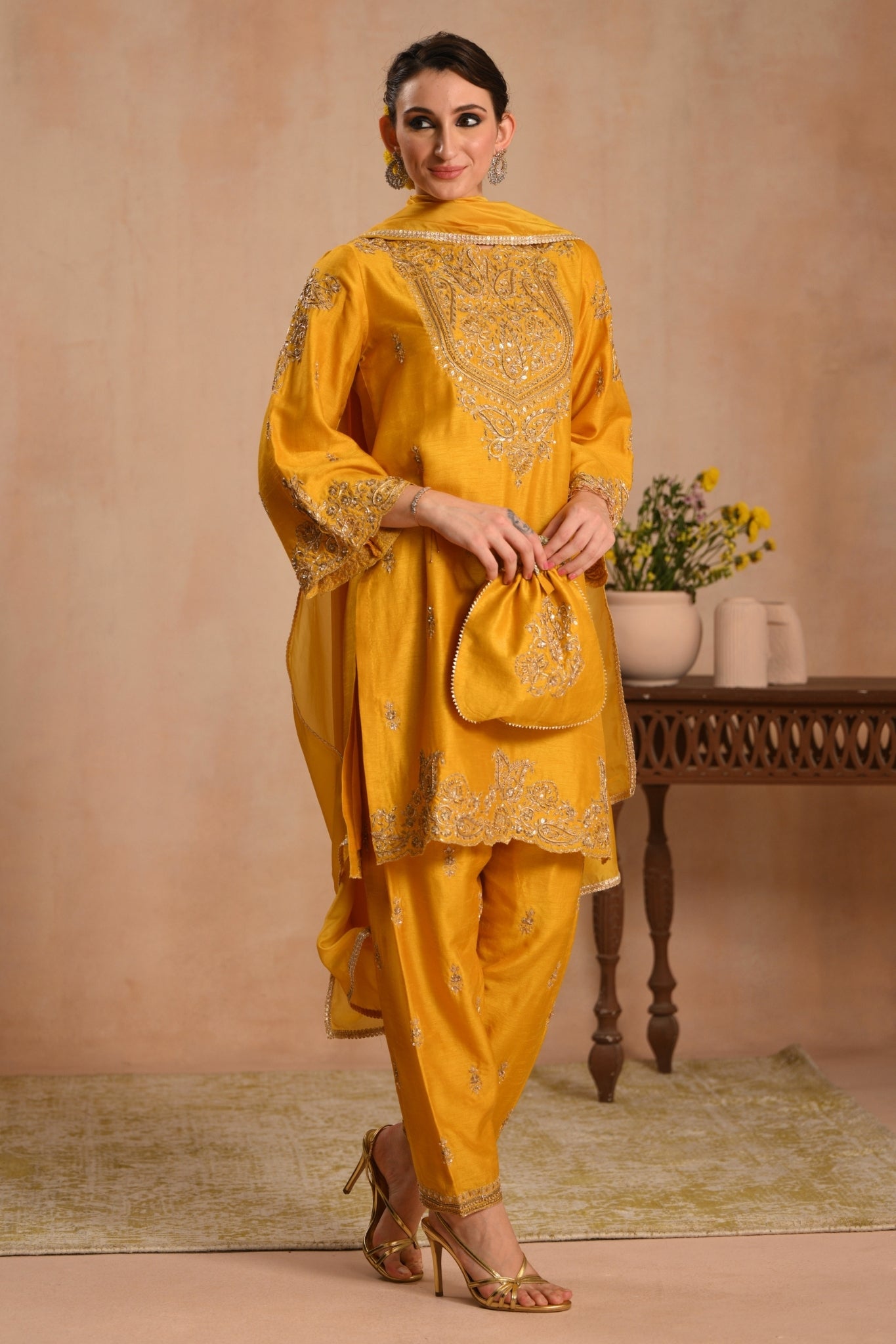 Women's Mustard Zarqash Hand Embroidered Kurta Set Taroob
