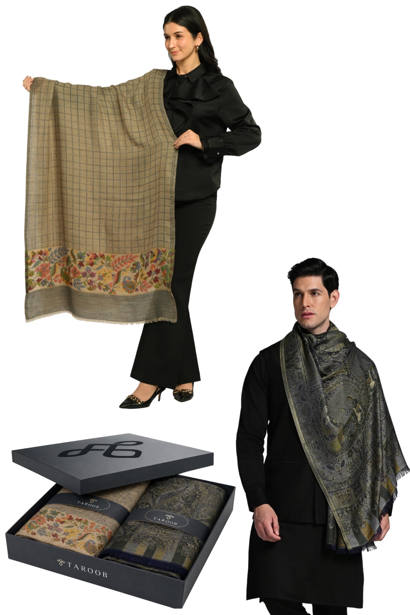Taroob Couple Gift Set of Wool Silk Stole for Him & Silk Stole for Her in UAE