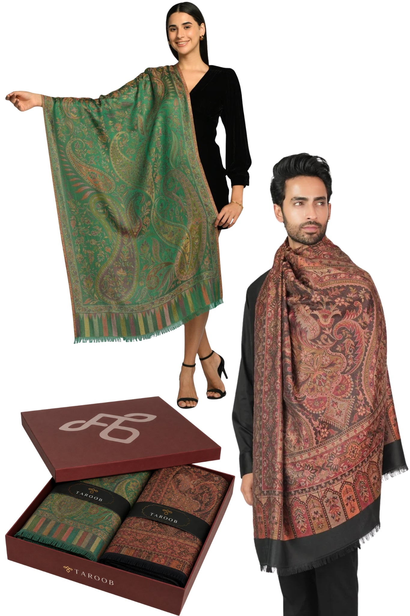 Taroob Gift Set of Faux Pashmina Jamawar Shawl & Silk Jamawar Stole