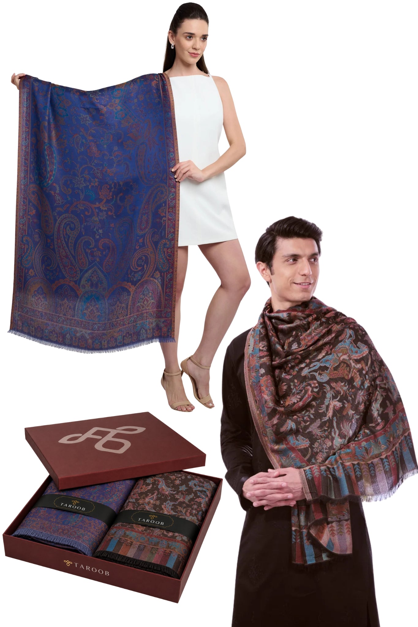 Taroob Couple Gift Set of Kashmiri Silk Jamawar Stoles for Him & Her