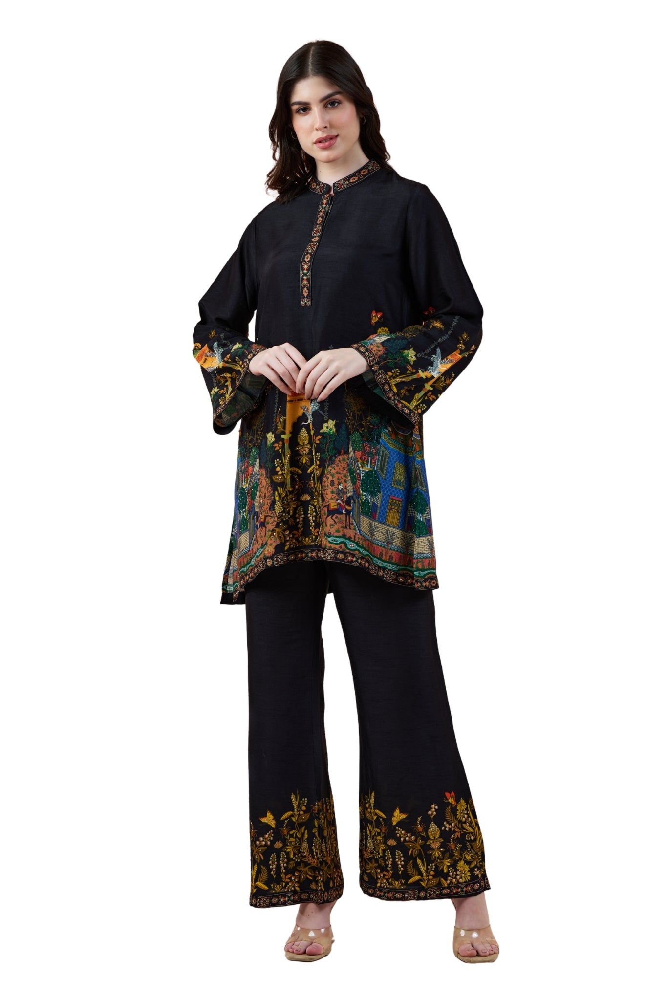 Mughal Printed Silk Linen Festive Co-ord Set with Embroidery Highlights – Women's Kurta Sets | Taroob