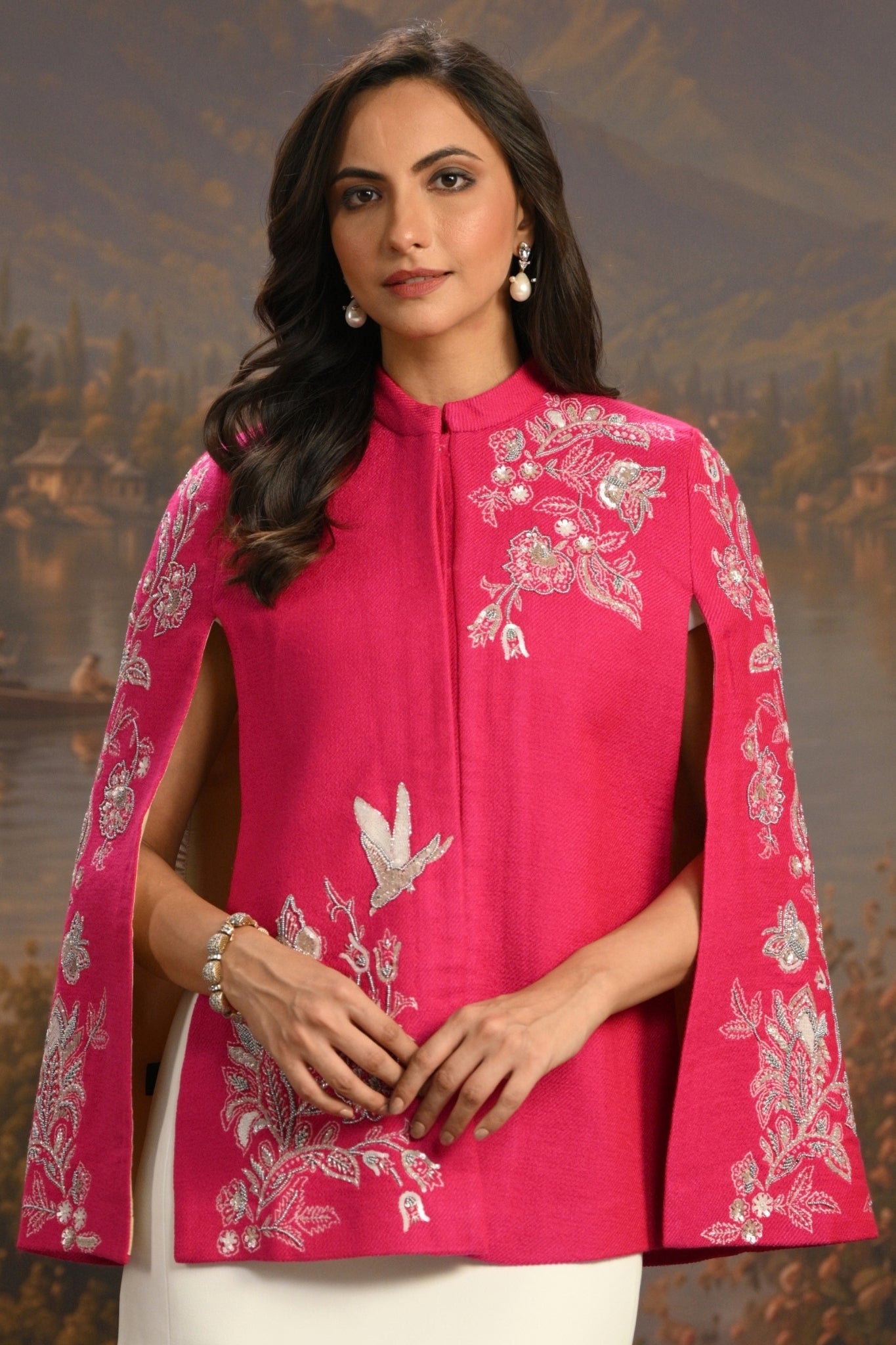 Pink Embroidered Blooming Birds Cape Taroob